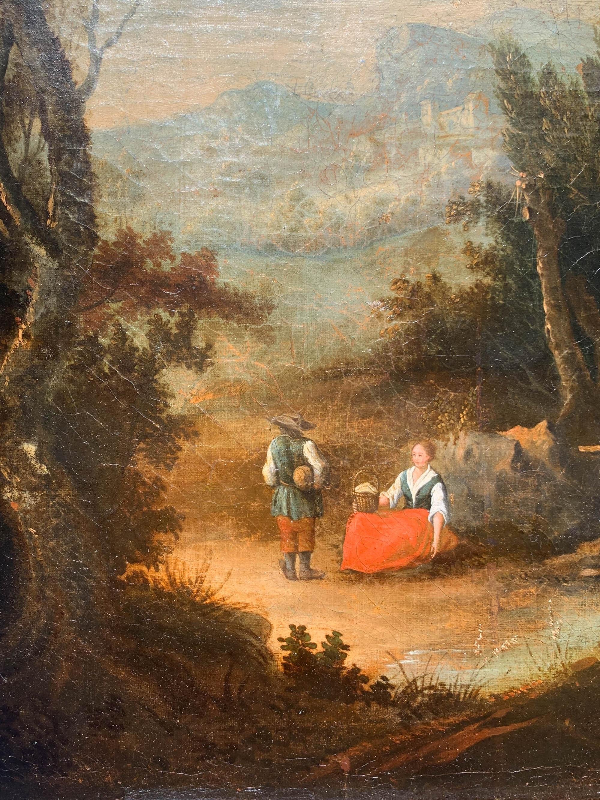 Pastorale Szene mit Mühle und Waldlandschaft, Mitte des 18. Jahrhunderts
Französische Schule
Öl auf Leinwand, 86 × 71 cm

Die Szene spielt sich in einer bewaldeten Landschaft ab, die von einem Bach durchflossen wird. In der Mitte befindet sich eine