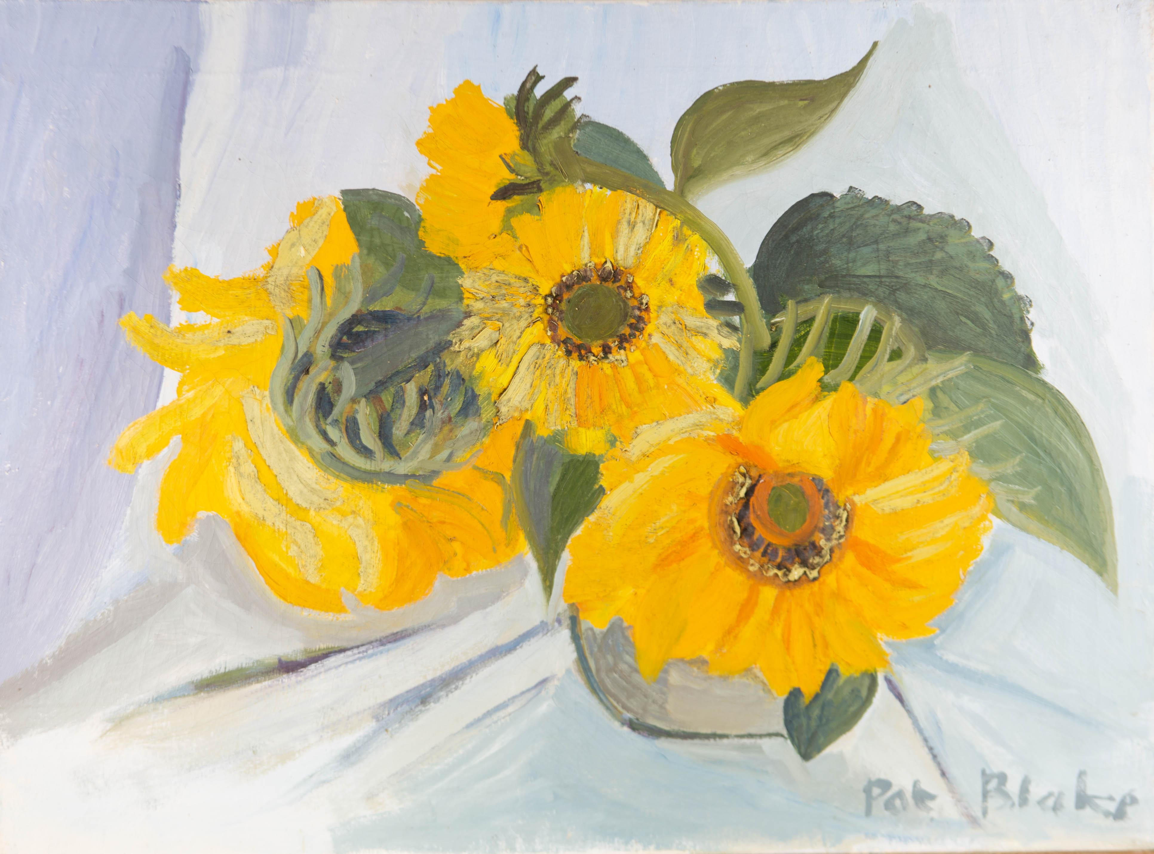 Unknown Still-Life Painting - Pat Blake - 20th Century Oil, Still Life of Sunflowers