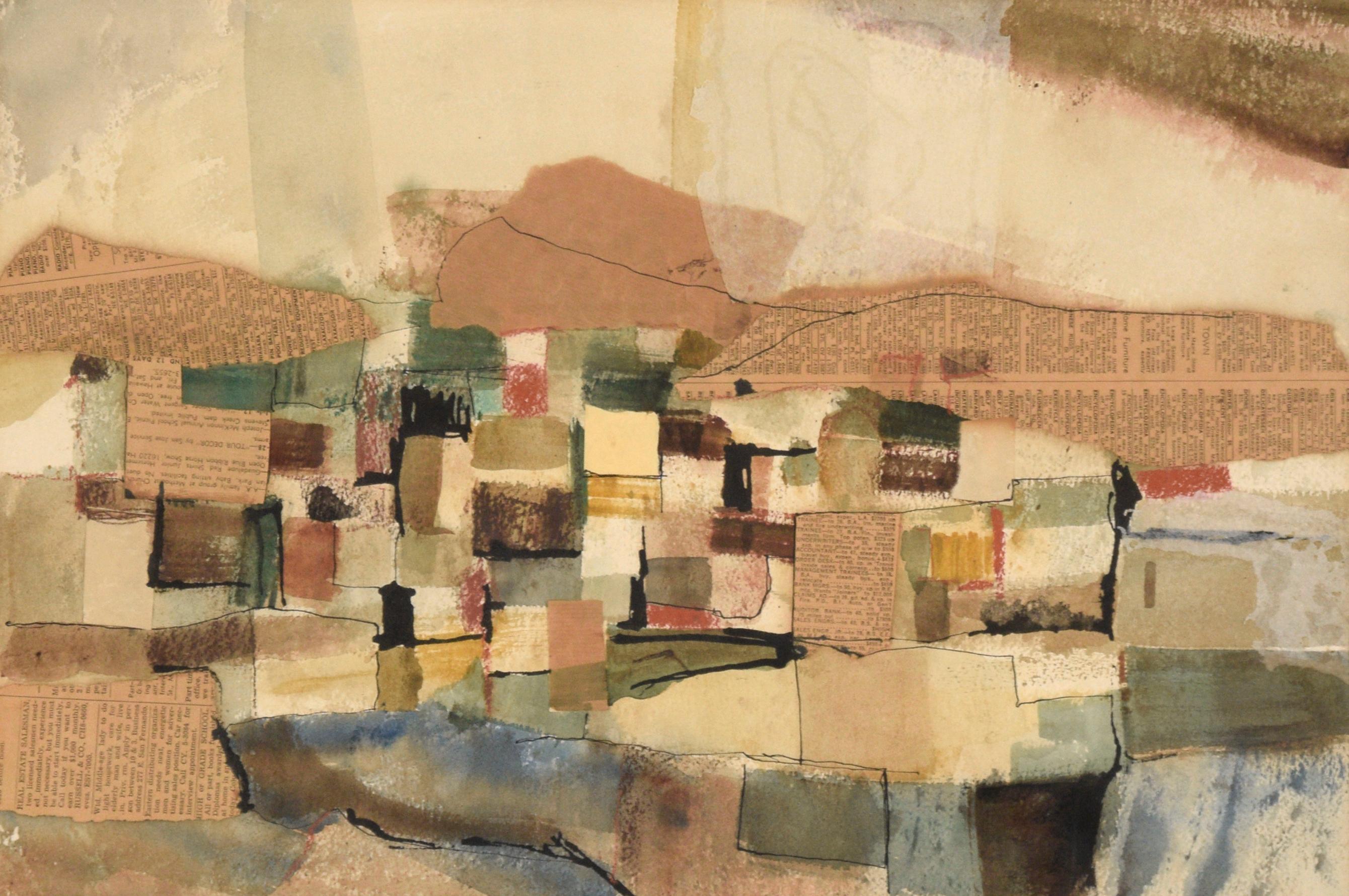 Patchwork Abstracted Landscape - Painting by Unknown