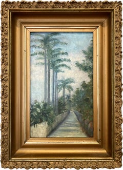 "Path down Marina Del Ray" American 20th Century Oil Painting with Palm Trees