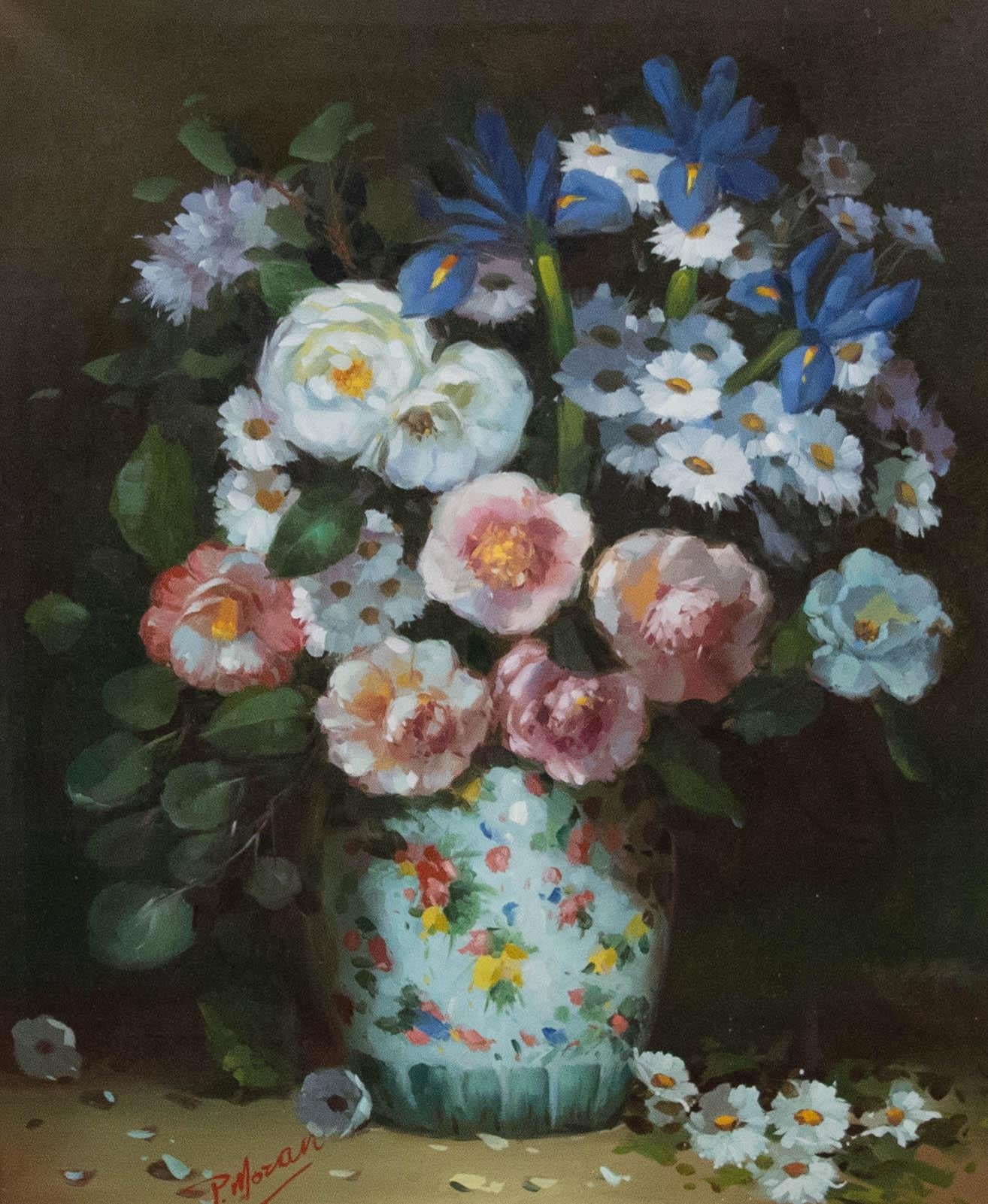 Patricia Moran (b.1944) - Framed 20th Century Oil, Flowers in a Famille Rose Jar - Painting by Unknown
