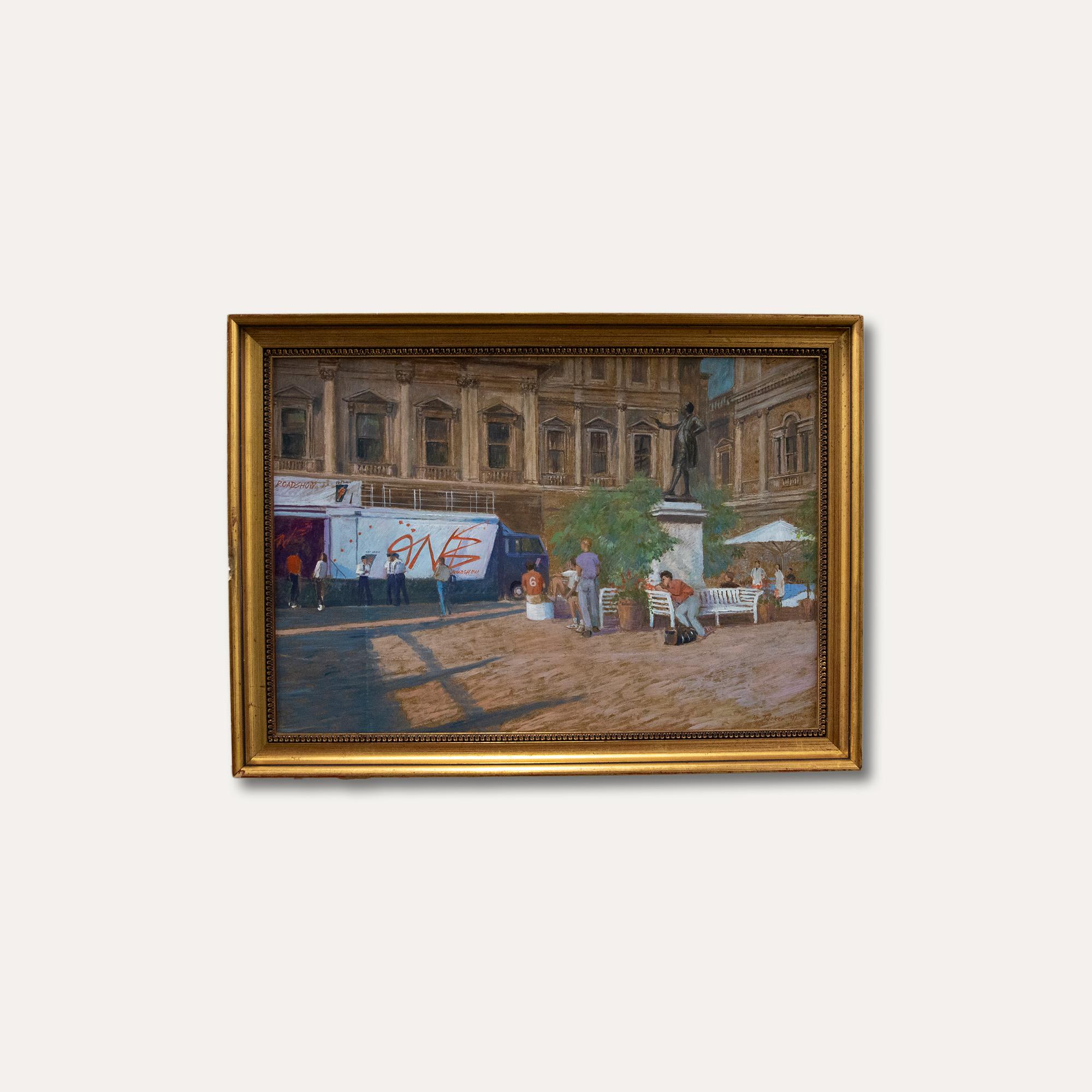 A charming street scene depicting figures preparing for a concert outside of the Royal Academy building in London in 1991. Signed and dated to the lower right. Presented in a gilt frame with lambs tongue running pattern. On board.