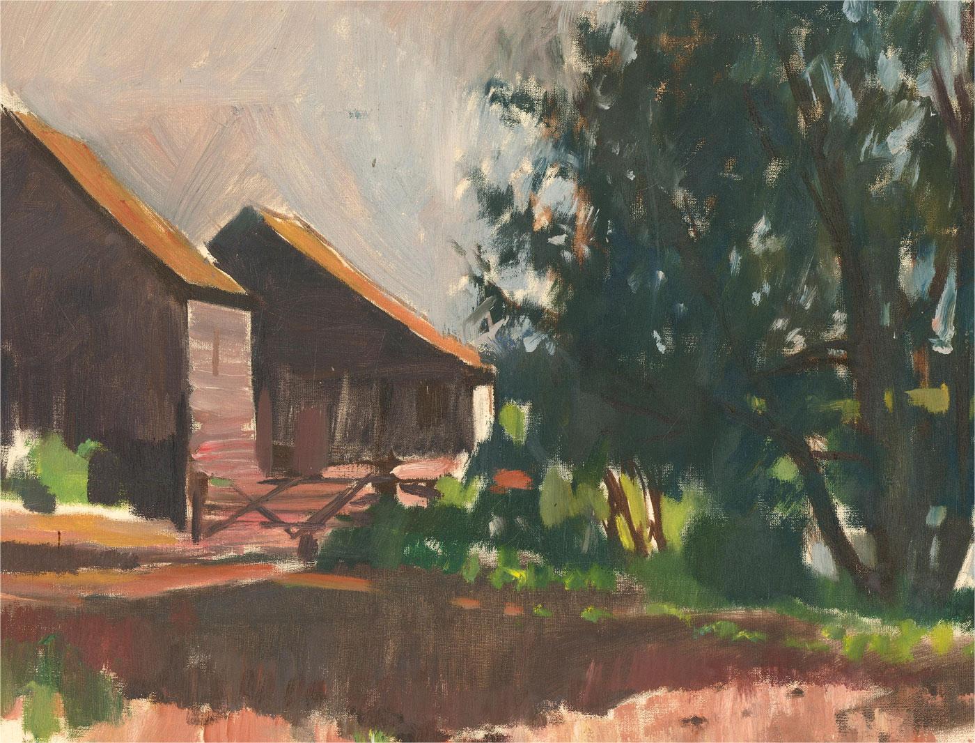 Unknown Landscape Painting - Patrick Lambert Larking (1907-1981) - 20th Century Oil, The Farm Buildings