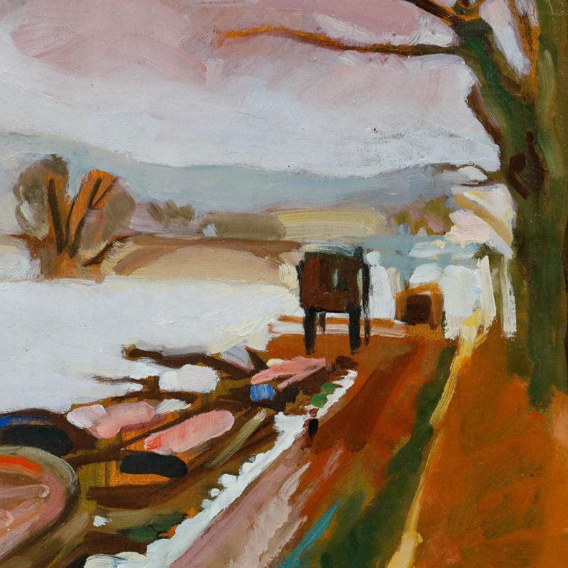 Un vivace olio della metà del XX secolo che raffigura un sentiero lungo il fiume, con chiatte ormeggiate a una banchina. Realizzati con pennellate audaci e sicure e colori saturi e lucidi. Firmato in basso a destra. Su tela su barelle. Dimensioni