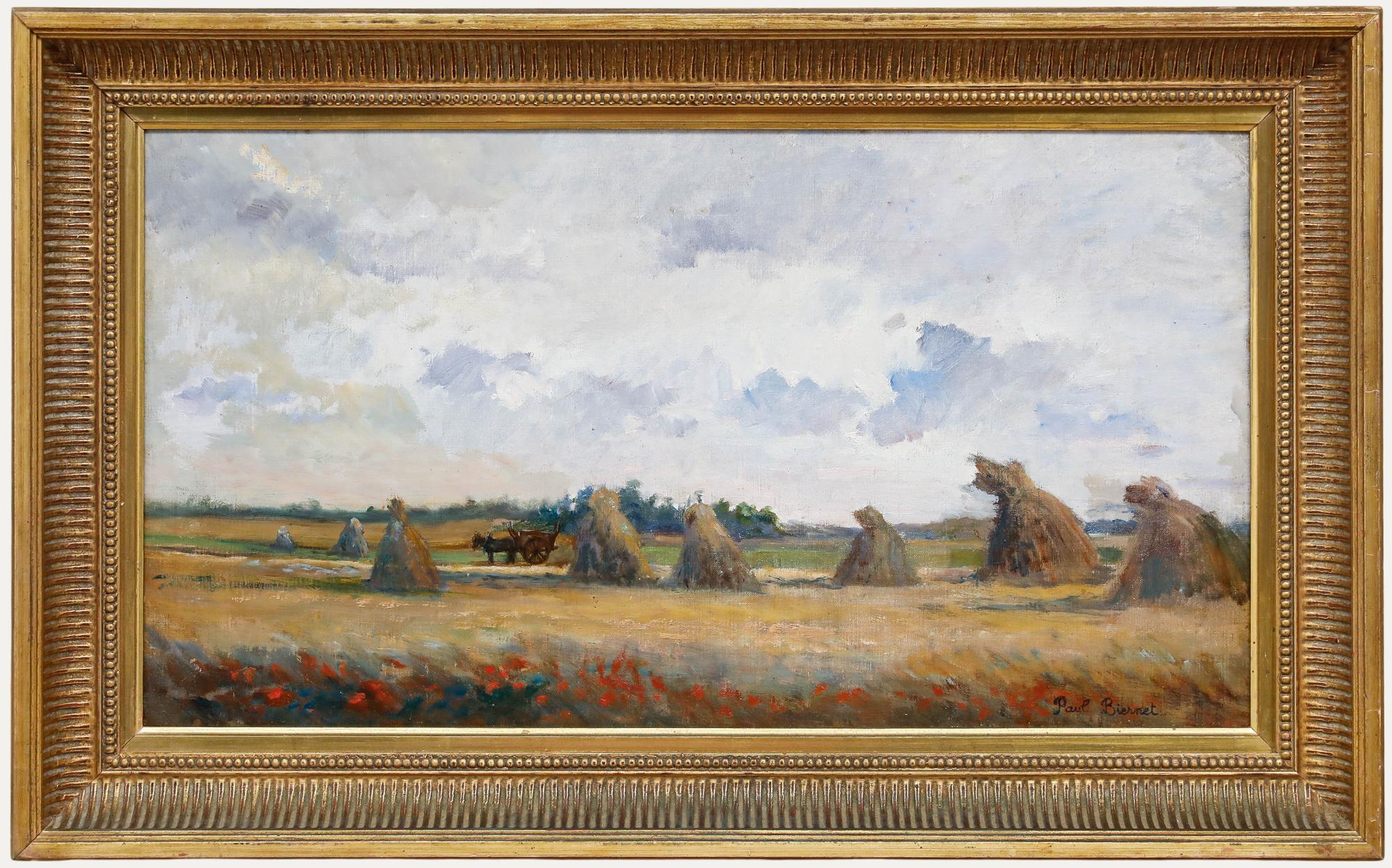 Unknown Landscape Painting - Paul Biernet - Early 20th Century Oil, Haystacks in the Poppy Field