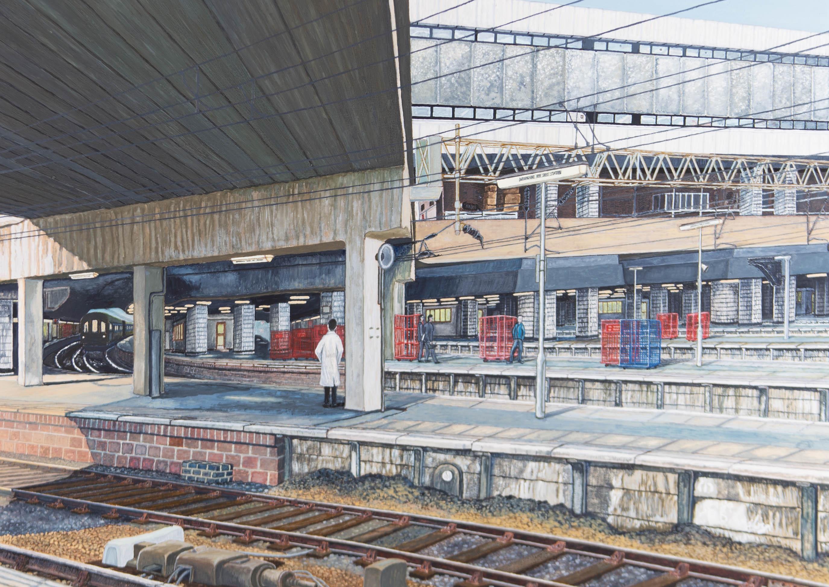 Paul Douglas Bransby - 1989 Acrylic, Birmingham Train Station - Painting by Unknown