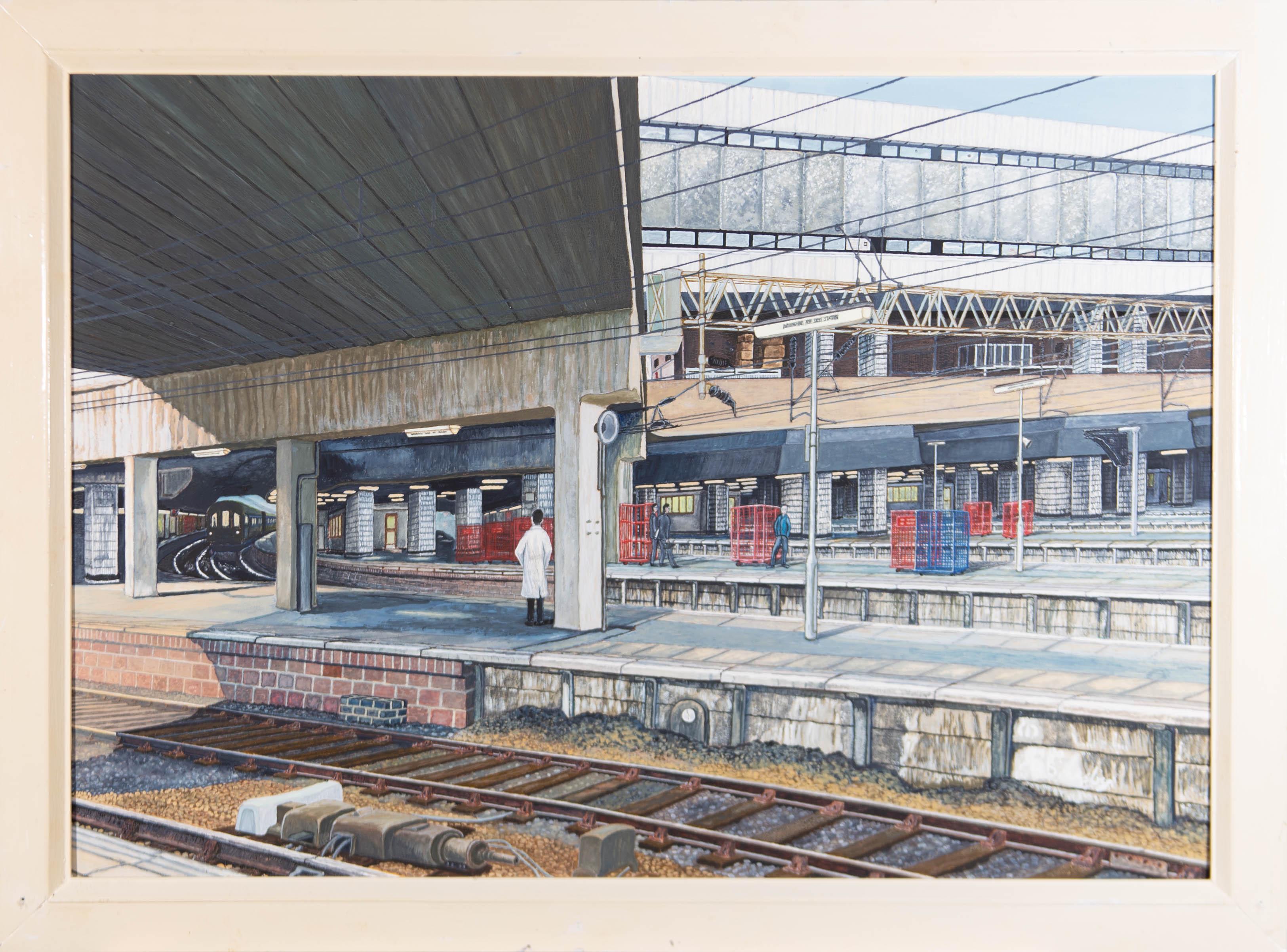 Unknown Landscape Painting - Paul Douglas Bransby - 1989 Acrylic, Birmingham Train Station