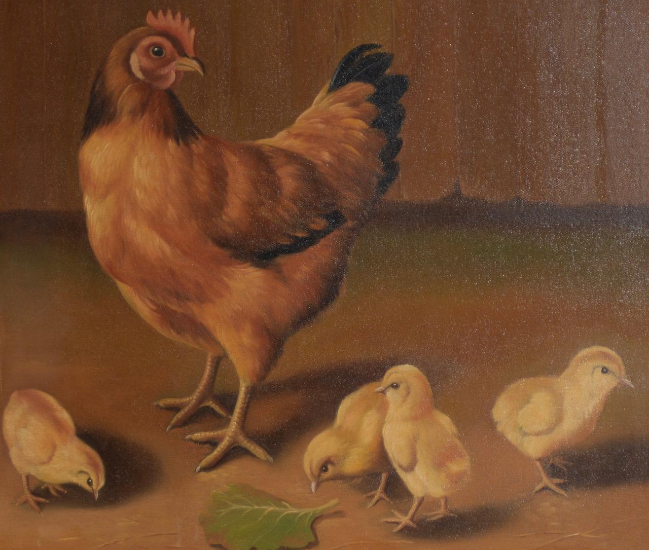 Peinture à l'huile originale de Paul English intitulée « Chicken with Chicks » (Chicken with Chicks) - Impressionnisme Painting par Unknown