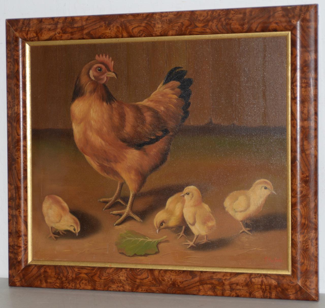 Peinture à l'huile originale de Paul English intitulée « Chicken with Chicks » (Chicken with Chicks) - Painting de Unknown