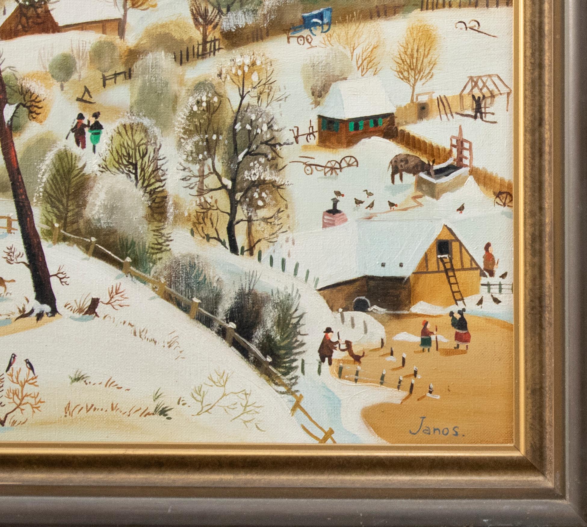A whimsical winter scene in oil with figures dotted throughout the landscape. The composition has been signed by the artist to the lower right. Well-presented in a complimenting contemporary frame. On canvas on stretchers.