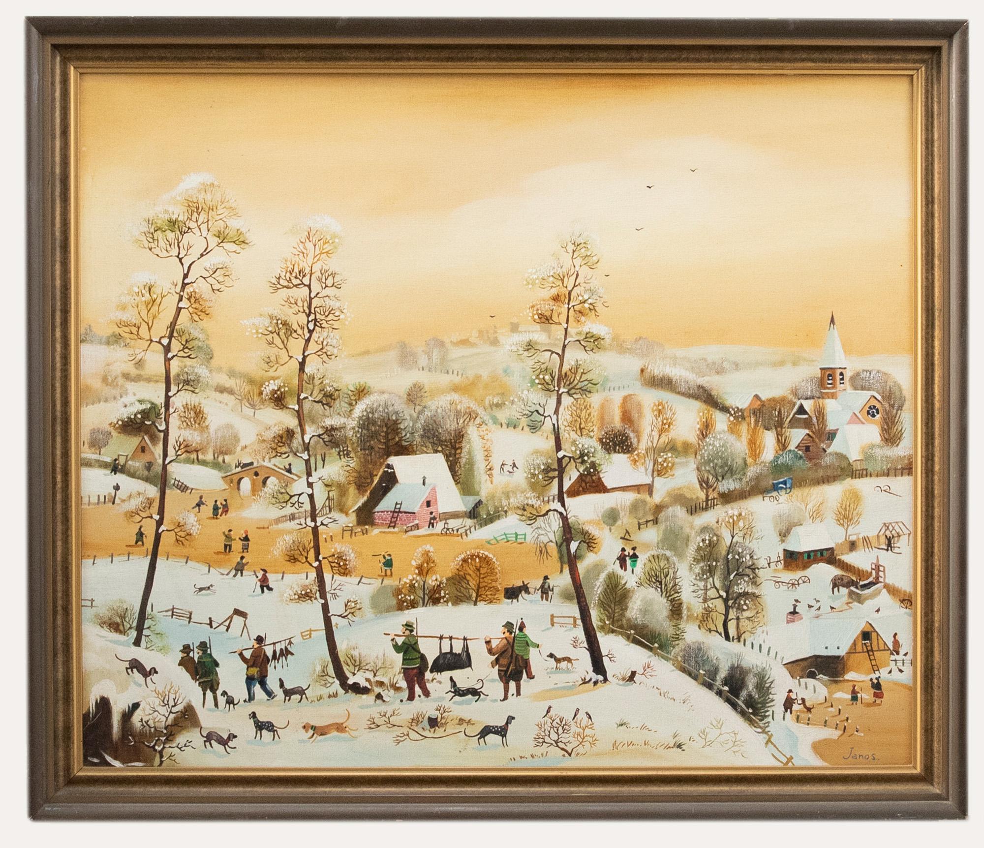 Unknown Landscape Painting - Paul Janos - Framed Contemporary Oil, A Winter Village