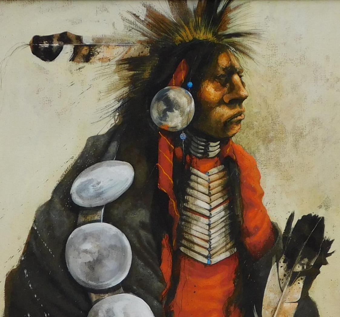 L'artista della California/New Mexico Paul Pletka (nato nel 1946) Acrilico su tela, 1972.
Soggetto nativo americano in piastre decorative per capelli. Firmato in basso a destra.
Titolato a matita sul verso dall'artista: 