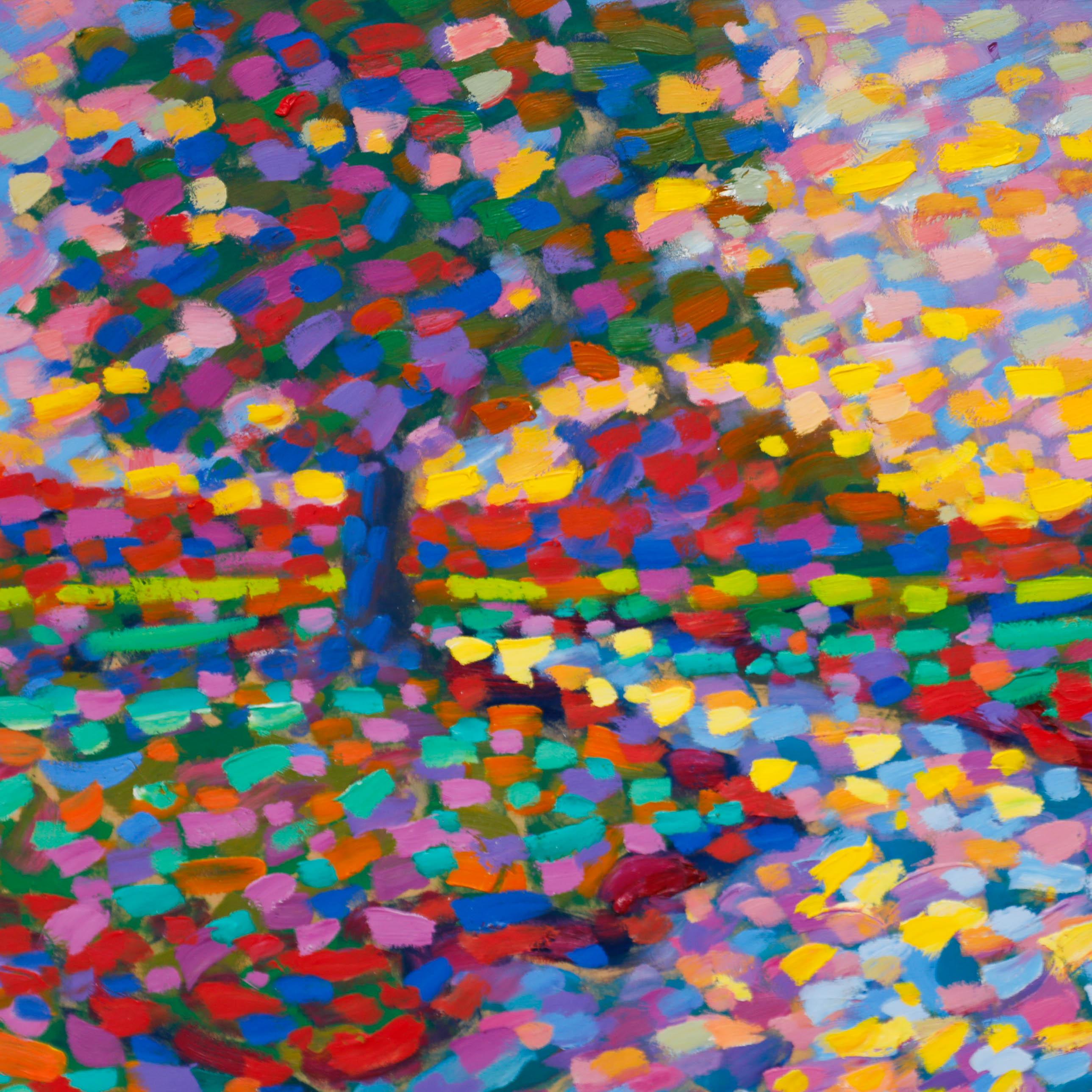 Pointillistische Szene in Öl. Präsentiert in einem weißen, geformten Rahmen. Verso mit dem Titel, den Ausstellungsangaben und der Signatur des Künstlers versehen. An Bord. 