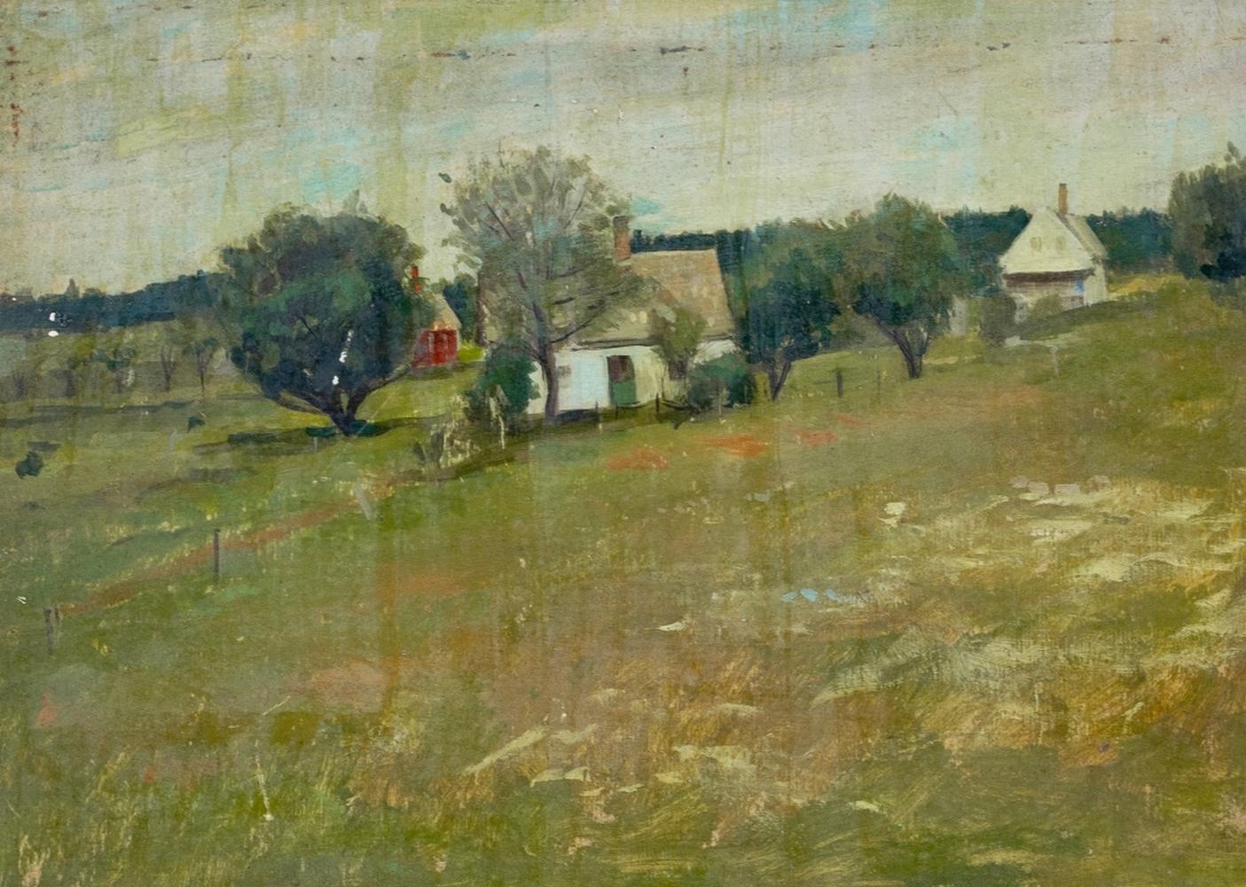 Paul Wescott Atribuido, Casas de pescadores, Maine, Óleo sobre tabla - Painting de Unknown