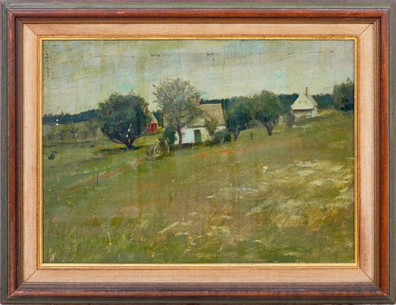 Still-Life Painting de Unknown - Paul Wescott Atribuido, Casas de pescadores, Maine, Óleo sobre tabla
