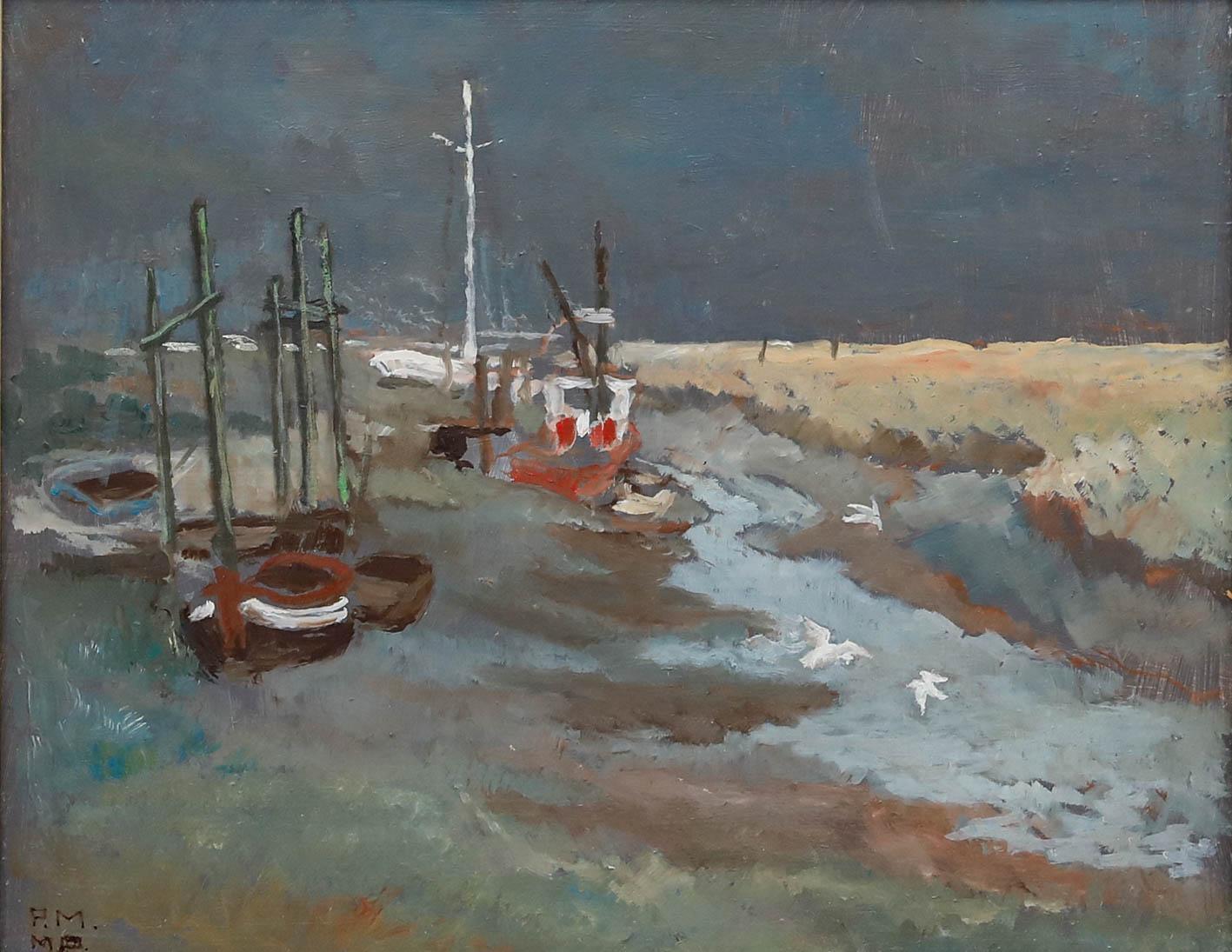 Pauline Marshall - British School 1991 Öl, Stürmischer Himmel bei Ebbe – Painting von Unknown