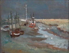 Pauline Marshall - British School 1991 Öl, Stürmischer Himmel bei Ebbe