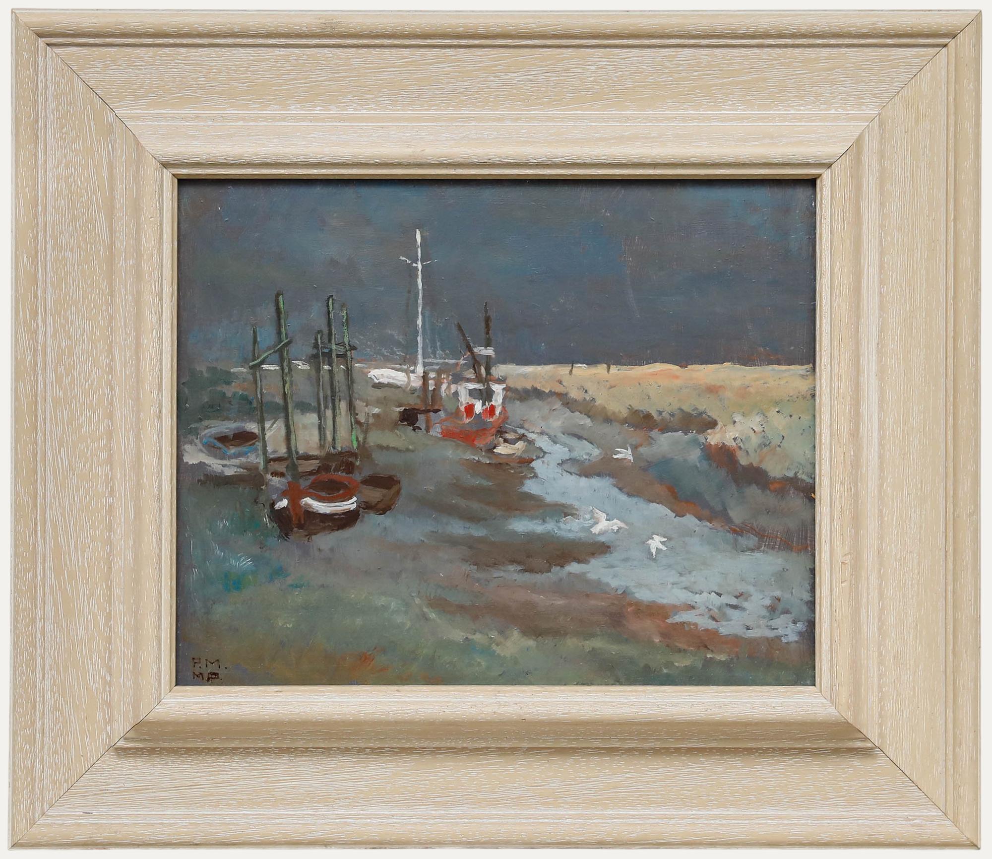 Pauline Marshall - British School 1991 Öl, Stürmischer Himmel bei Ebbe