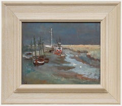 Pauline Marshall - British School 1991 Öl, Stürmischer Himmel bei Ebbe