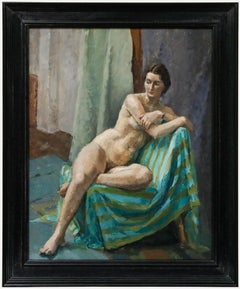 Pauline Plummer (b.1933) - 20th Century Oil, Nude on a Striped Blanket