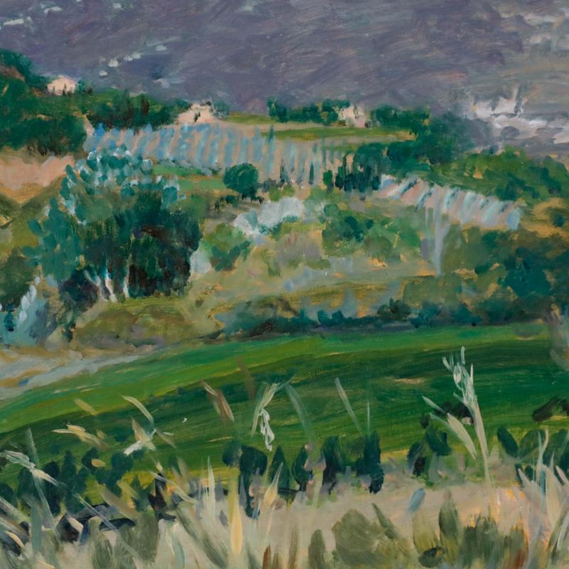 Une étude libre et énergique de la campagne française par l'artiste Pauline Plummer (née en 1933). Signé en bas à droite. A bord. Taille de l'image : 29 x 39 cm.