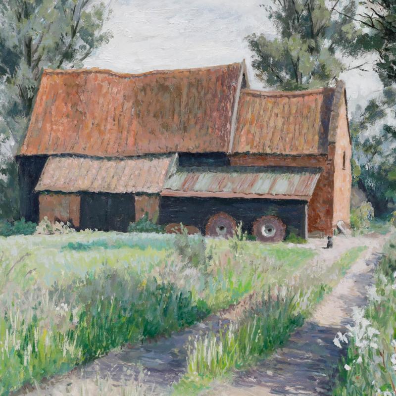 Pauline Plummer (geb. 1933) - Zeitgenössisches Öl, Die rote Scheune (Grau), Landscape Painting, von Unknown