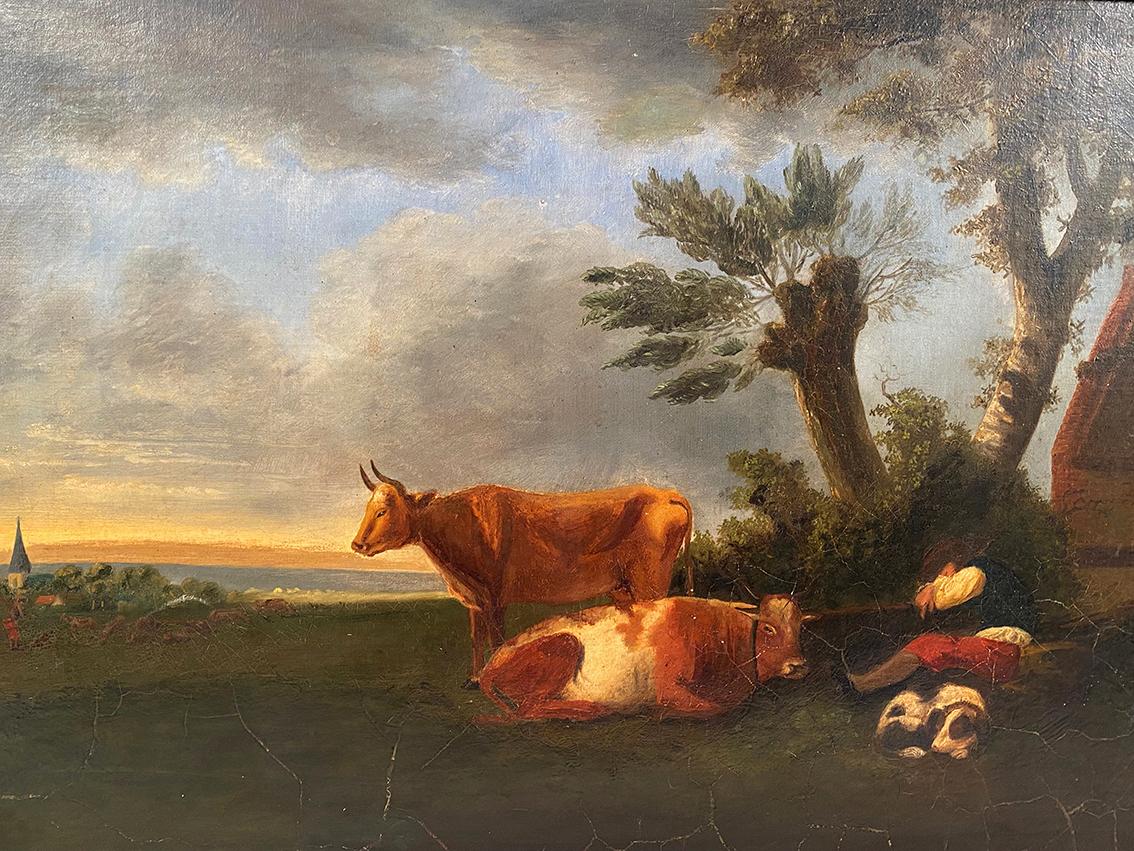 Paysage animé XIXe, gardien de vaches et son chien - Painting di Unknown
