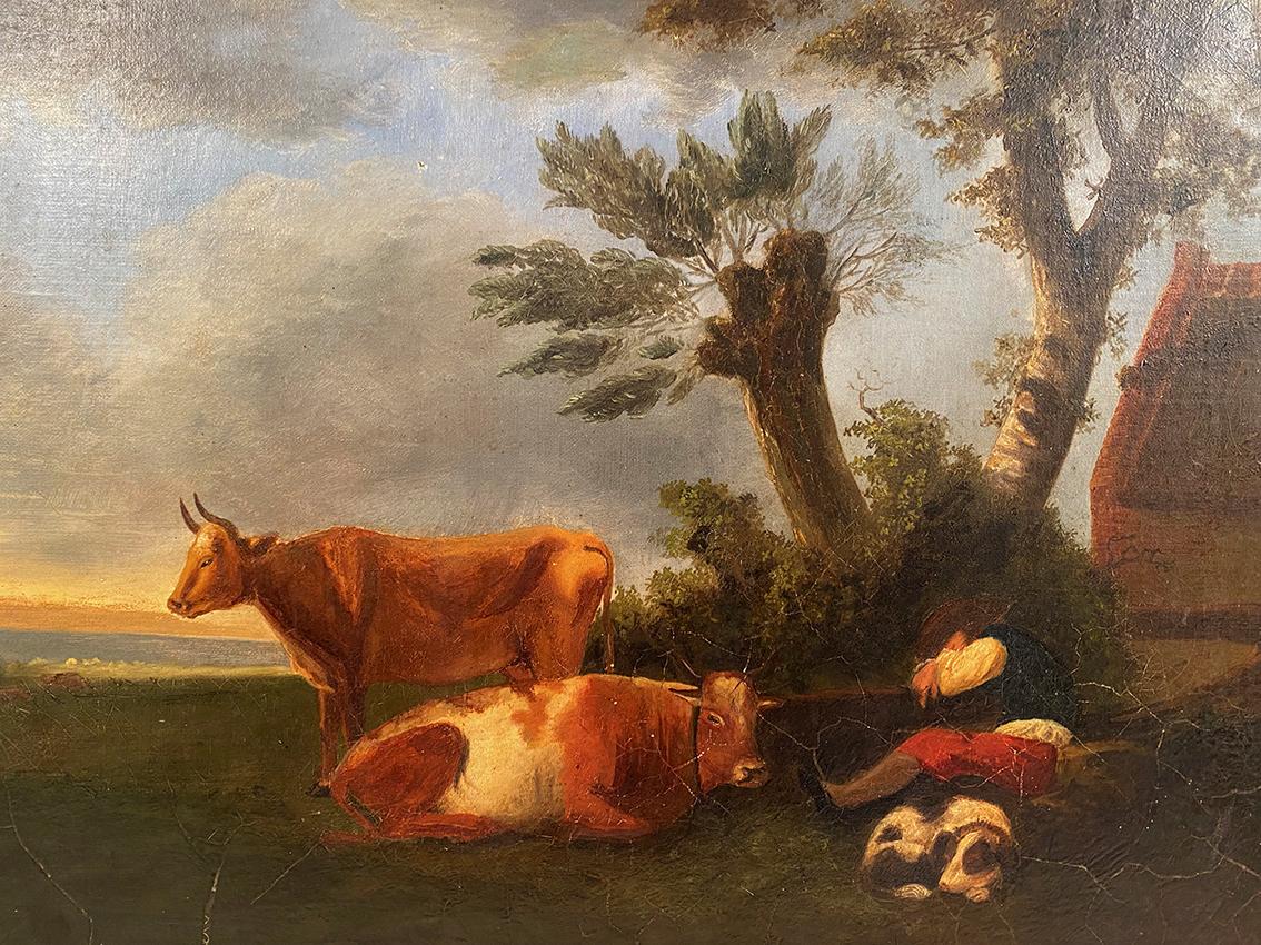 Paysage animé XIXe, gardien de vaches et son chien - Painting Scuola francese di Unknown