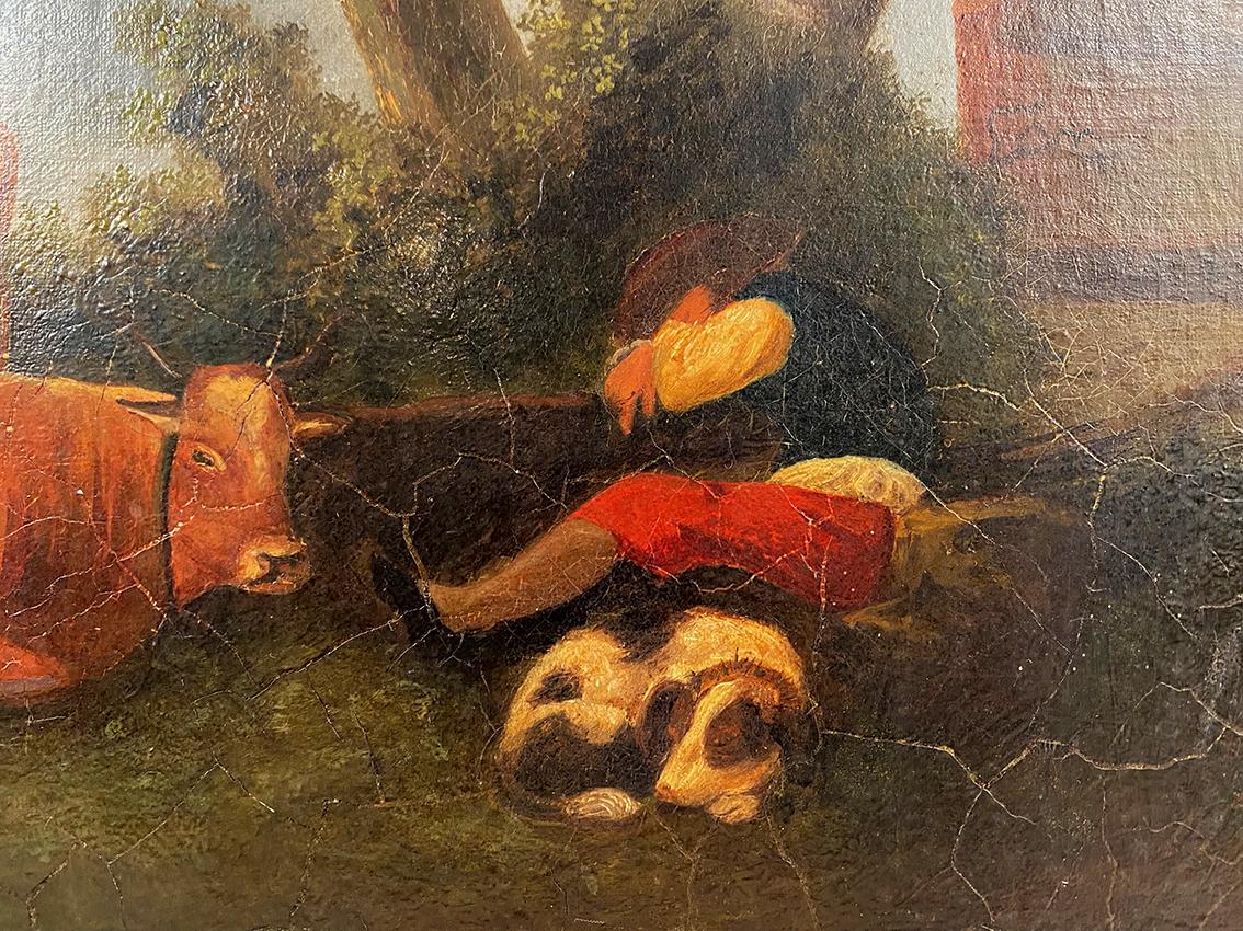 Paysage animé XIXe, gardien de vaches et son chien in vendita 1