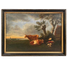 Paysage animé XIXe, gardien de vaches et son chien