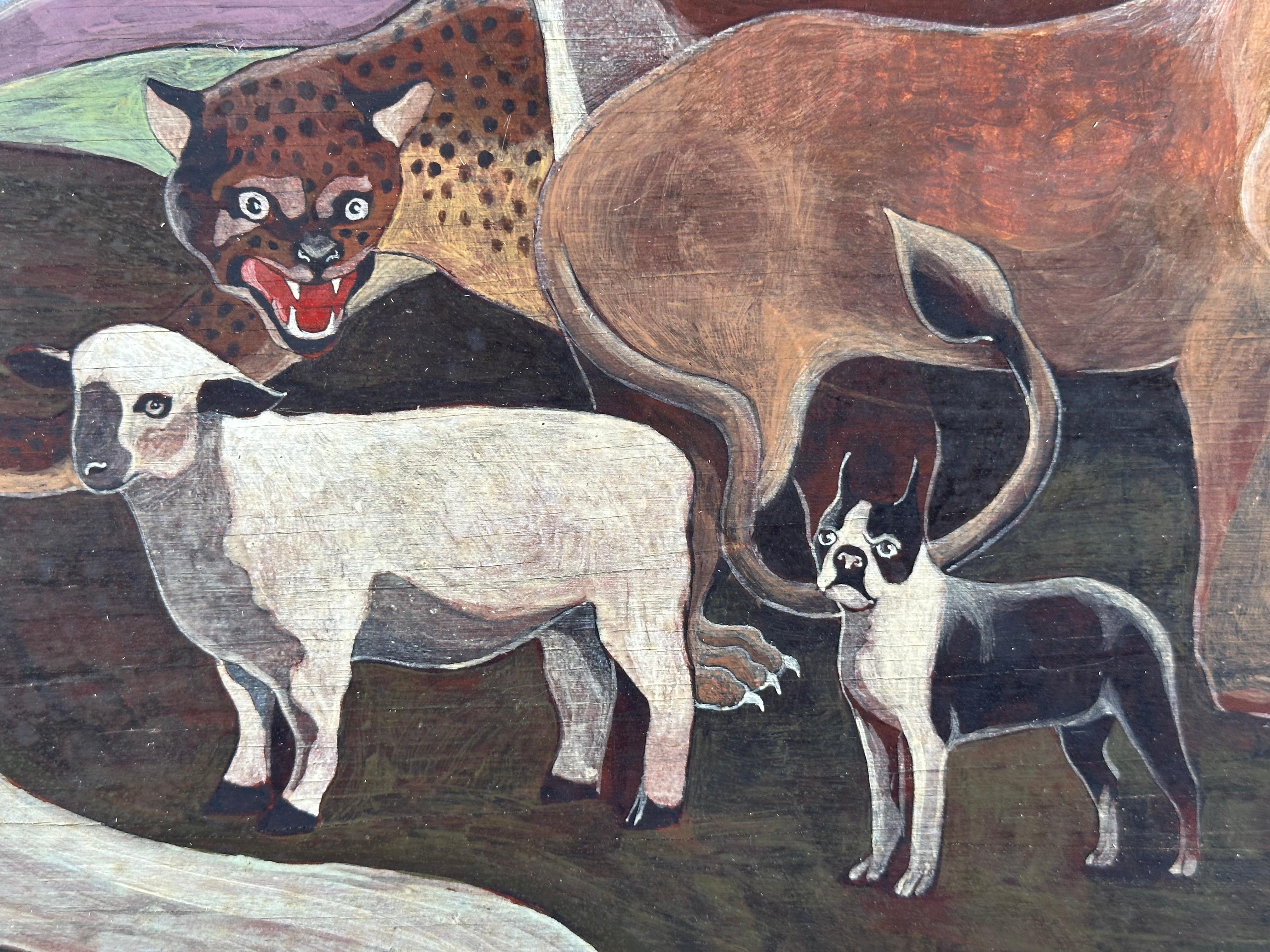 Peaceable Kingdom mit Boston Terrier, surrealistisches Gemälde – Painting von Unknown