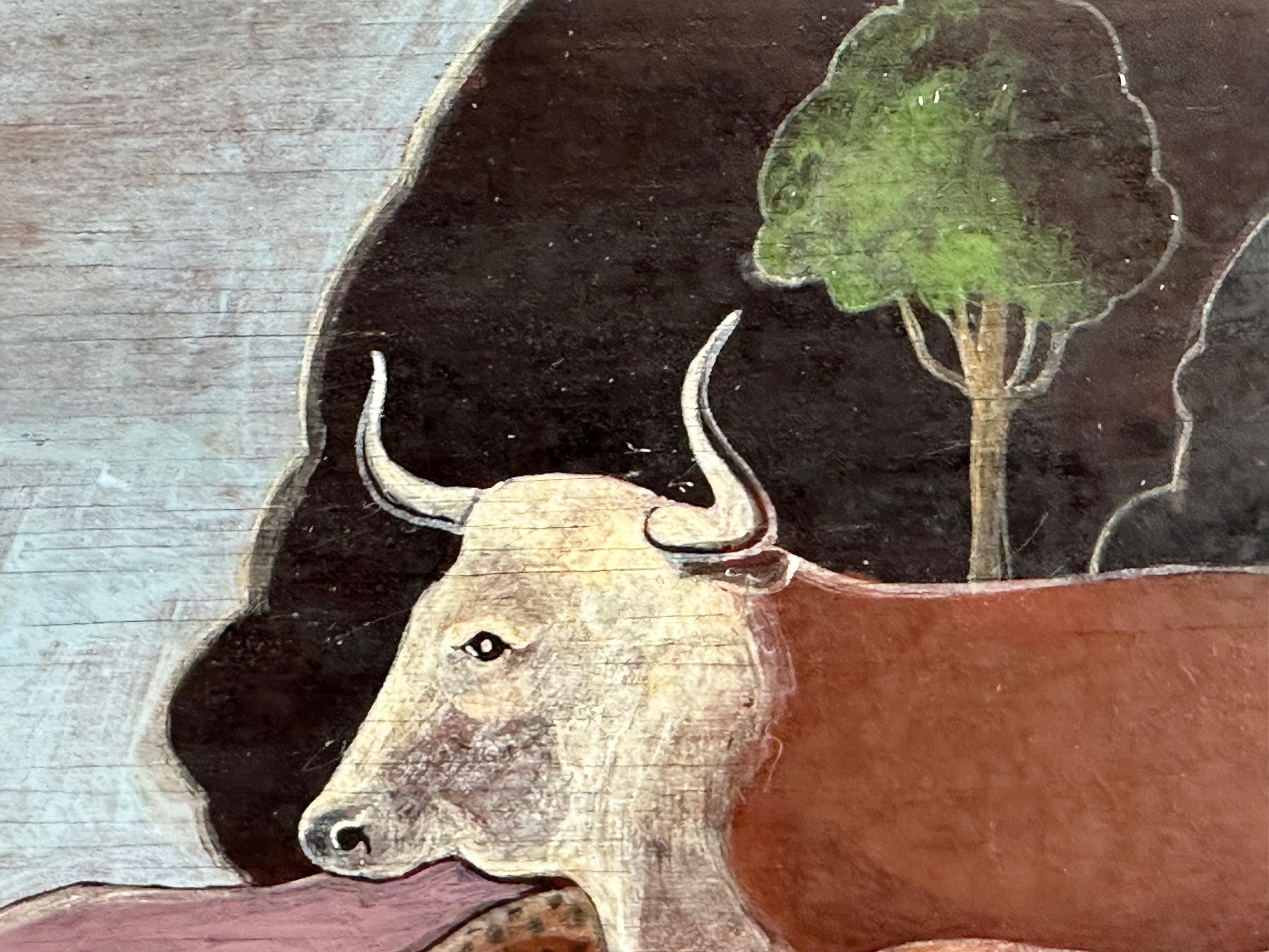 Surrealistisches Gemälde nach dem Gemälde von Edward Hicks, Peaceable Kingdom. Öl auf Holzplatte, 14 x 20 Zoll. Unterzeichnet Sovjani, 1970. 

Das Bemerkenswerteste an dem Bild ist das Erscheinen eines Boston Terriers in der Mitte. 