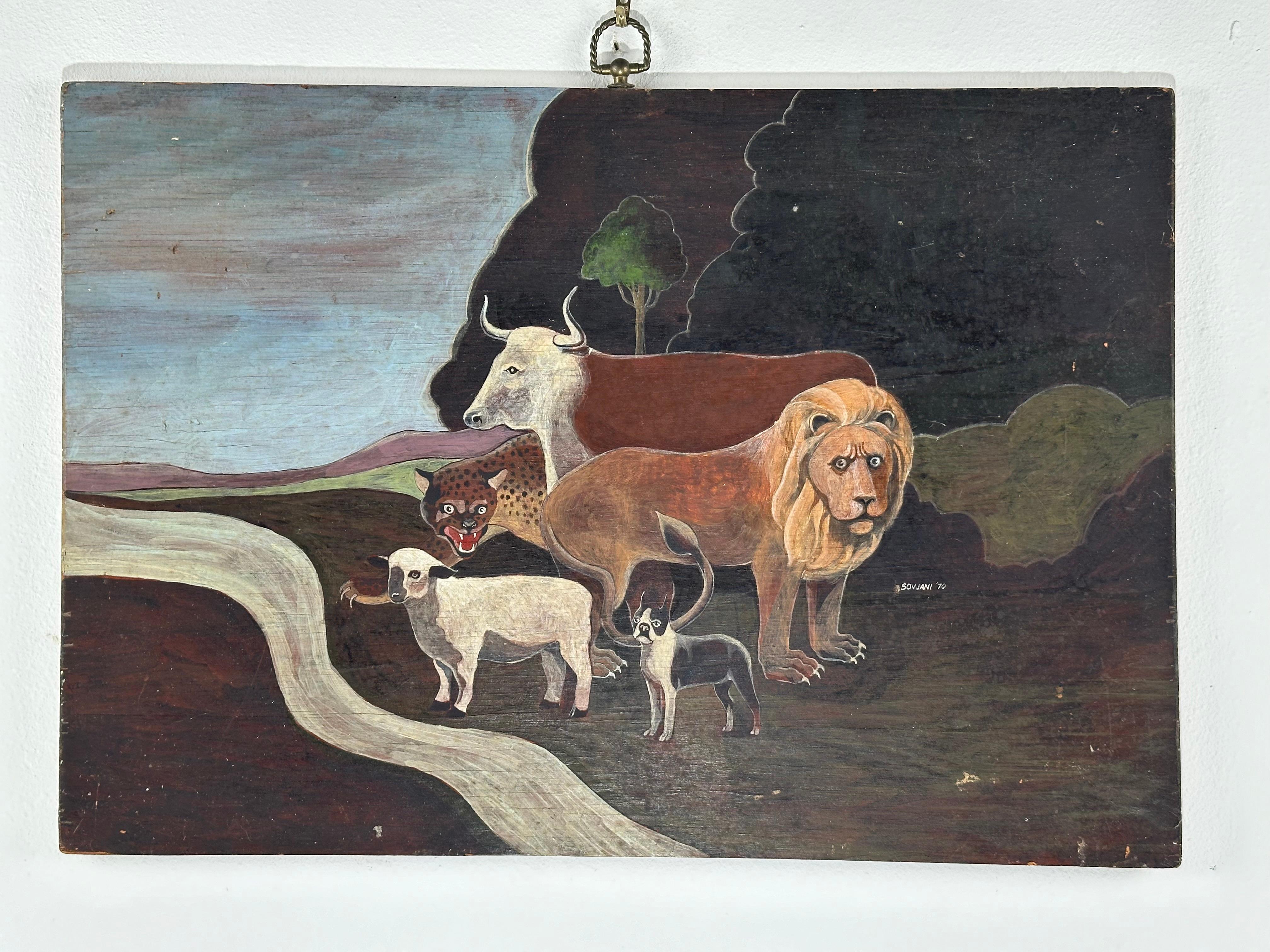 Unknown Animal Painting – Peaceable Kingdom mit Boston Terrier, surrealistisches Gemälde