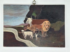 Retro Peaceable Kingdom with Boston Terrier surrealist painting