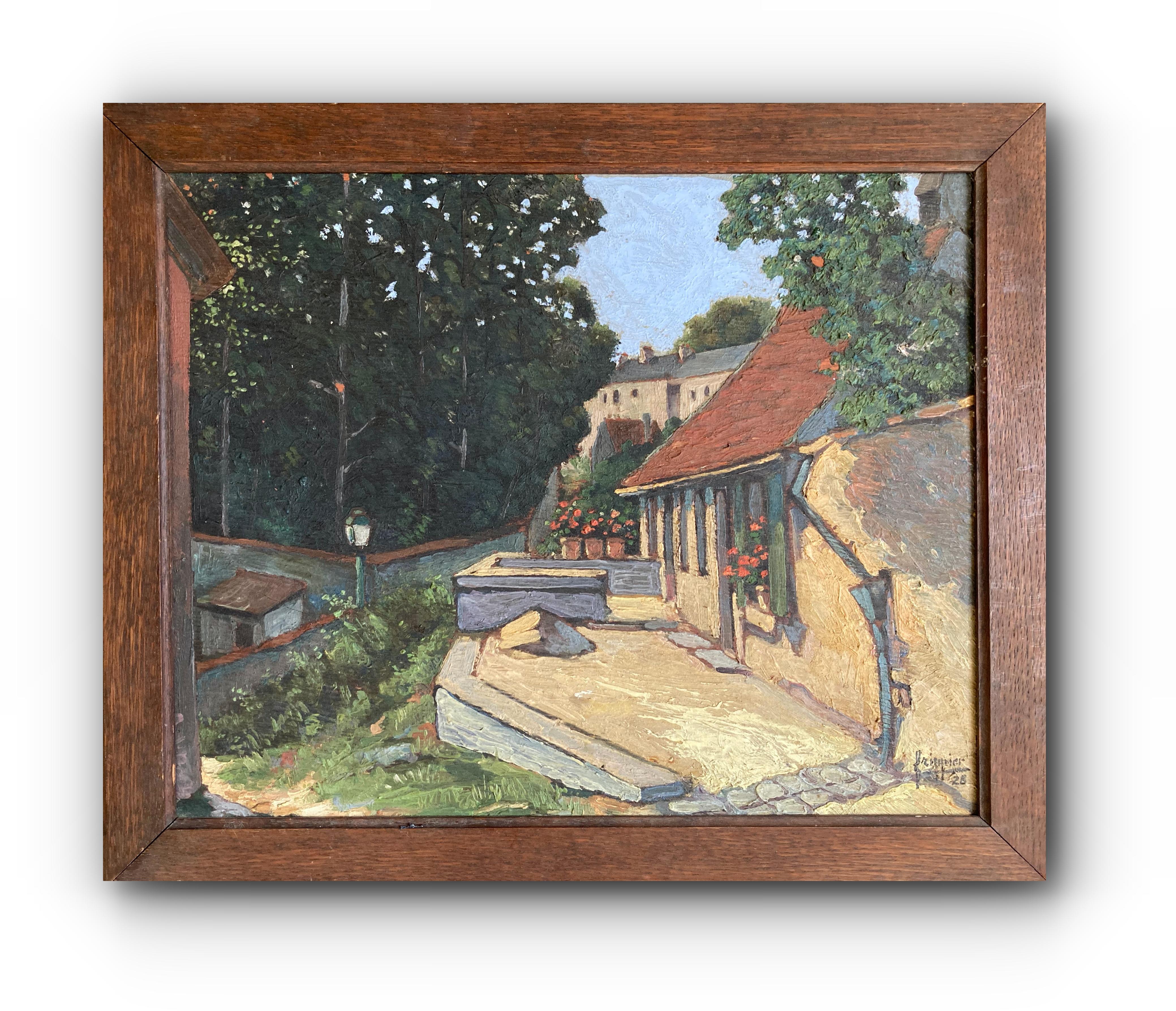 A lovely, peaceful view across the patio of a stone house in a forested countryside. This painting was imported from England, but the architecture appears Mediterranean to me. It is signed, but I cannot make out the signature in order to identify