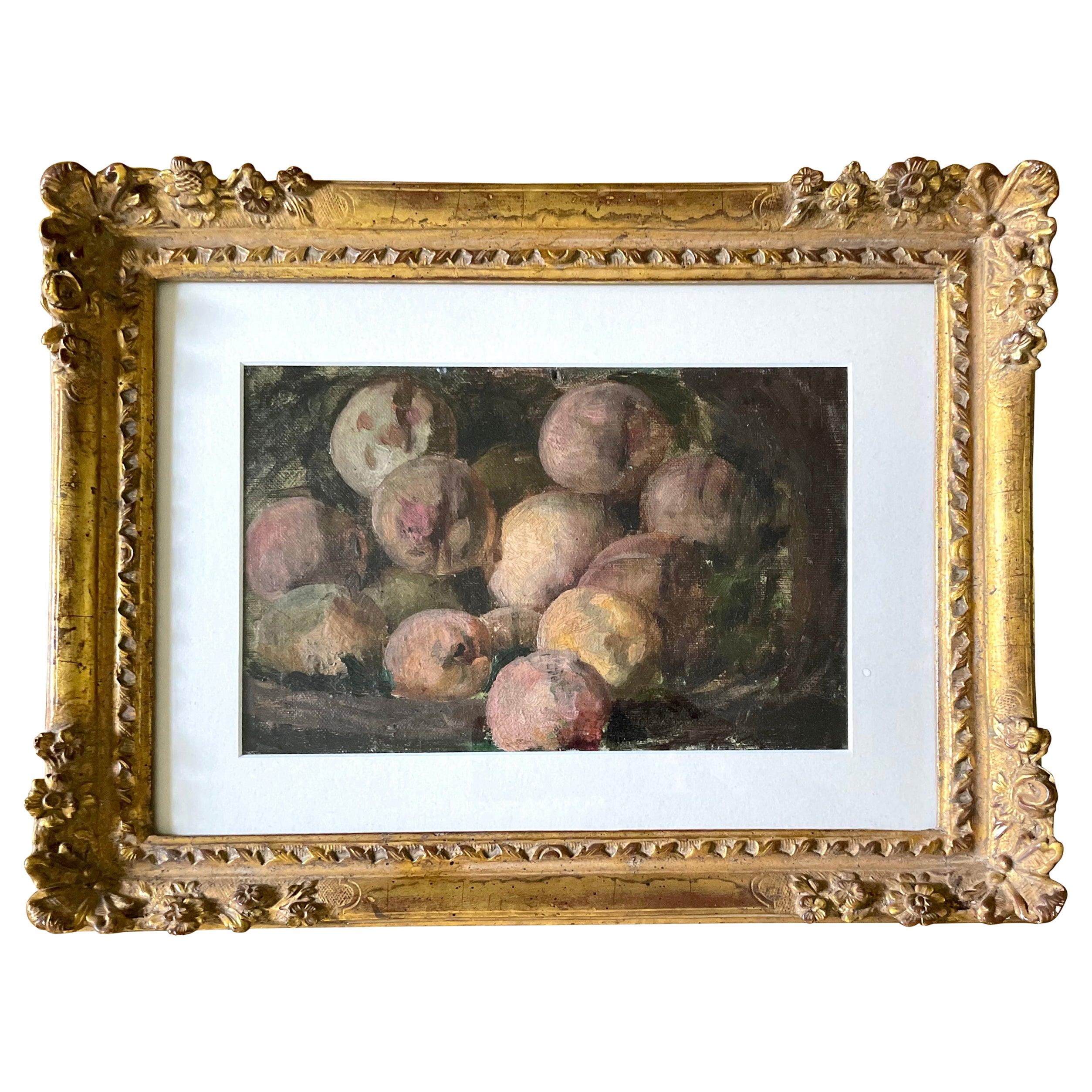 Peaches in Basket. American oil of peaches spilling out of woven cornucopia basket in gilt wood Barbizon frame. United States, circa early 1900’s.
Dimensions: 14.5" W x 11.5" H x 1.5" D; sight 9" W x 6" H.