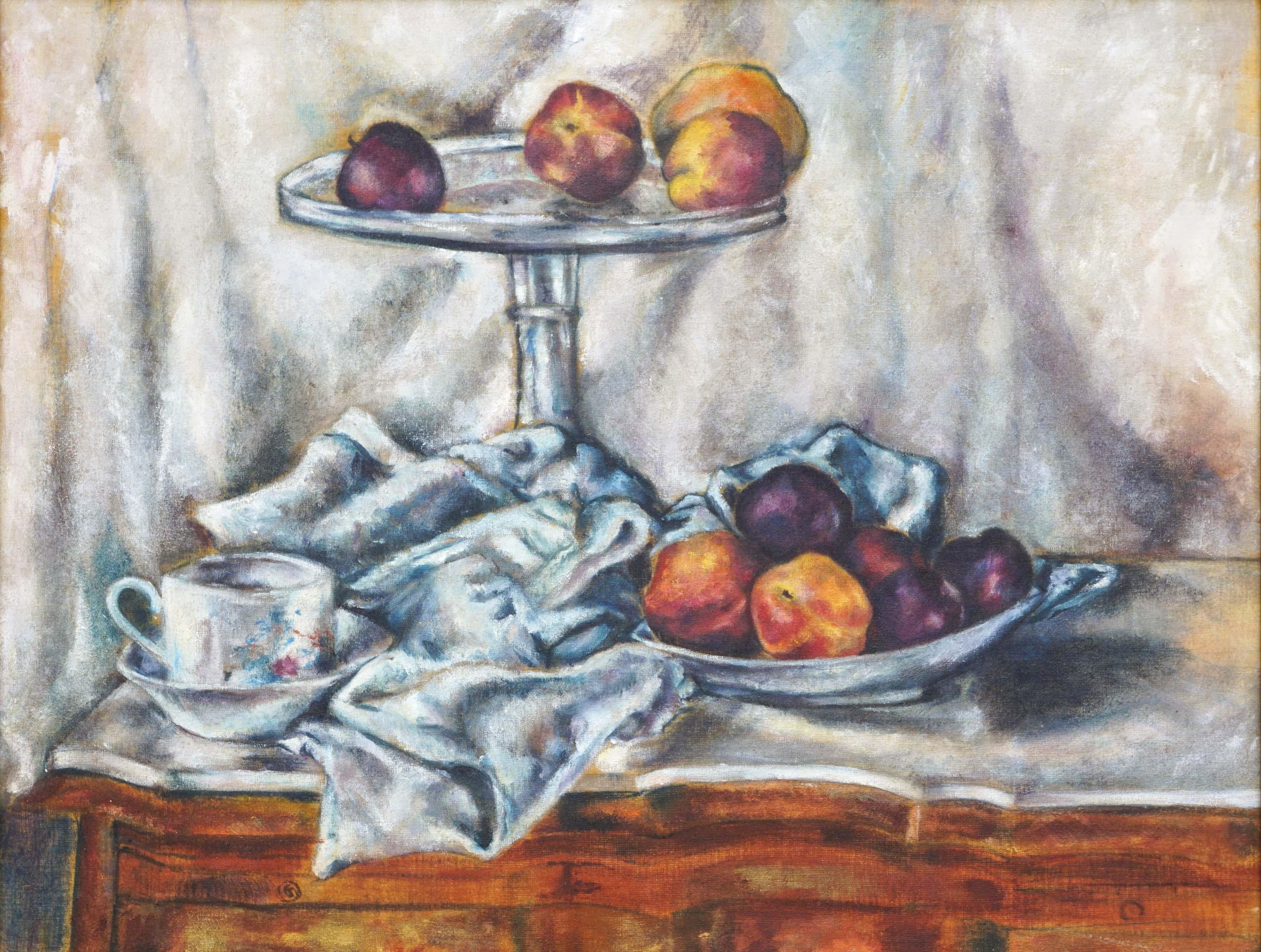 Nature morte de pêches et de prunes dans le style de Paul Cézanne - Painting de Unknown