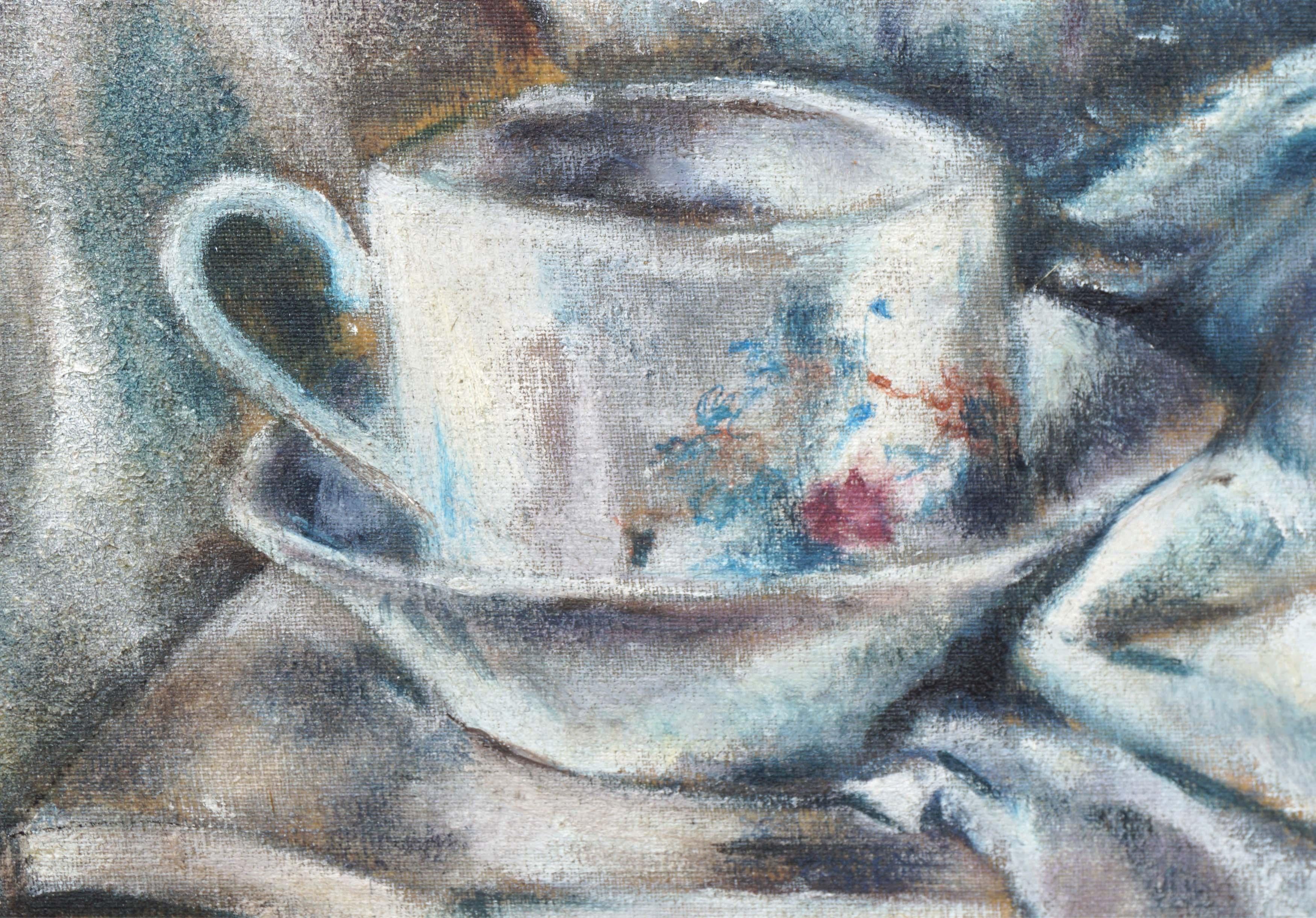Wunderschönes französisches impressionistisches Stillleben mit Sommerfrüchten wie Pflaumen und Pfirsichen und einer Tasse Tee, um 1990. Nicht signiert. Es handelt sich um eine Studie im klassischen Stil von Paul Cezanne, der für seine