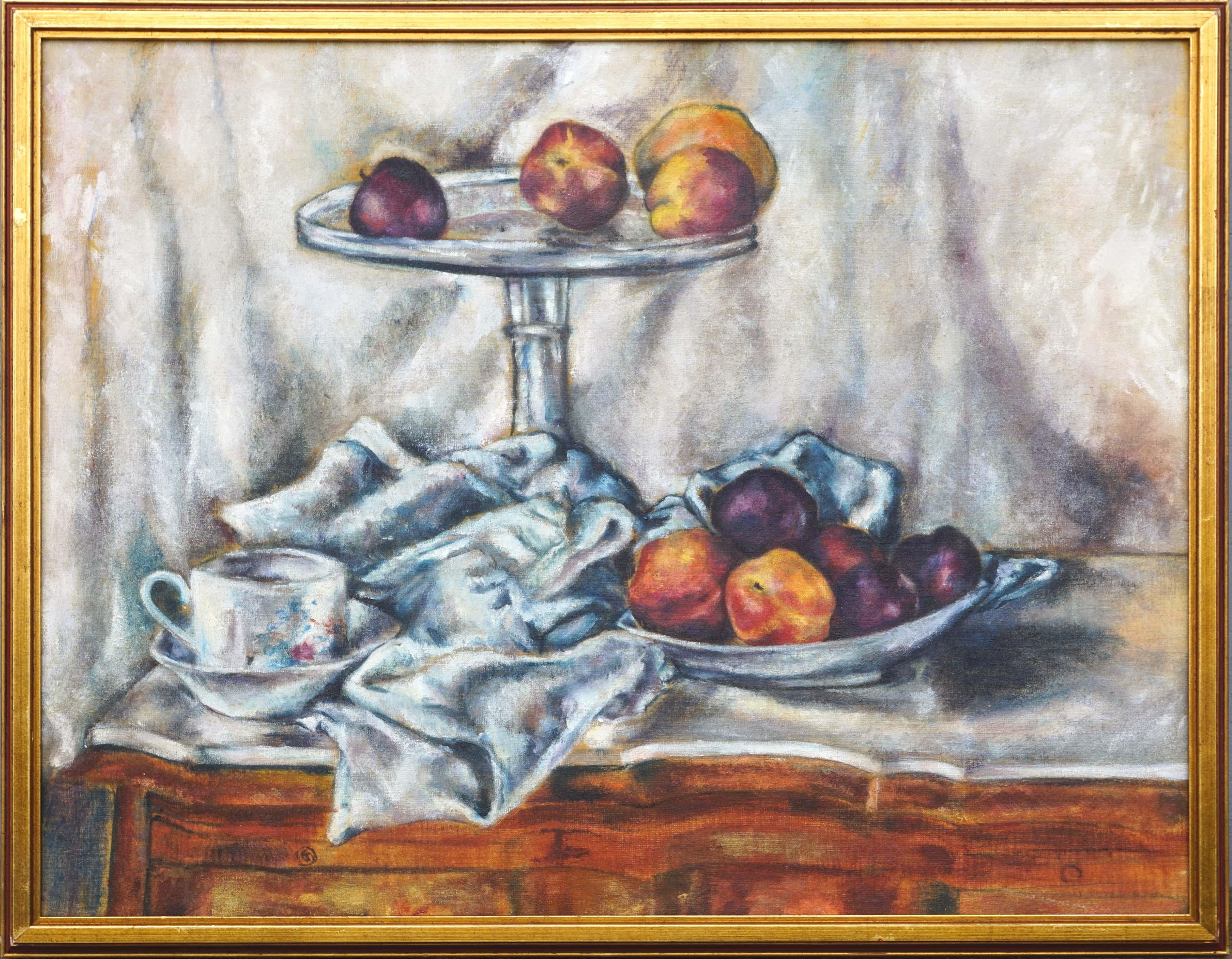 Still-Life Painting Unknown - Nature morte de pêches et de prunes dans le style de Paul Cézanne