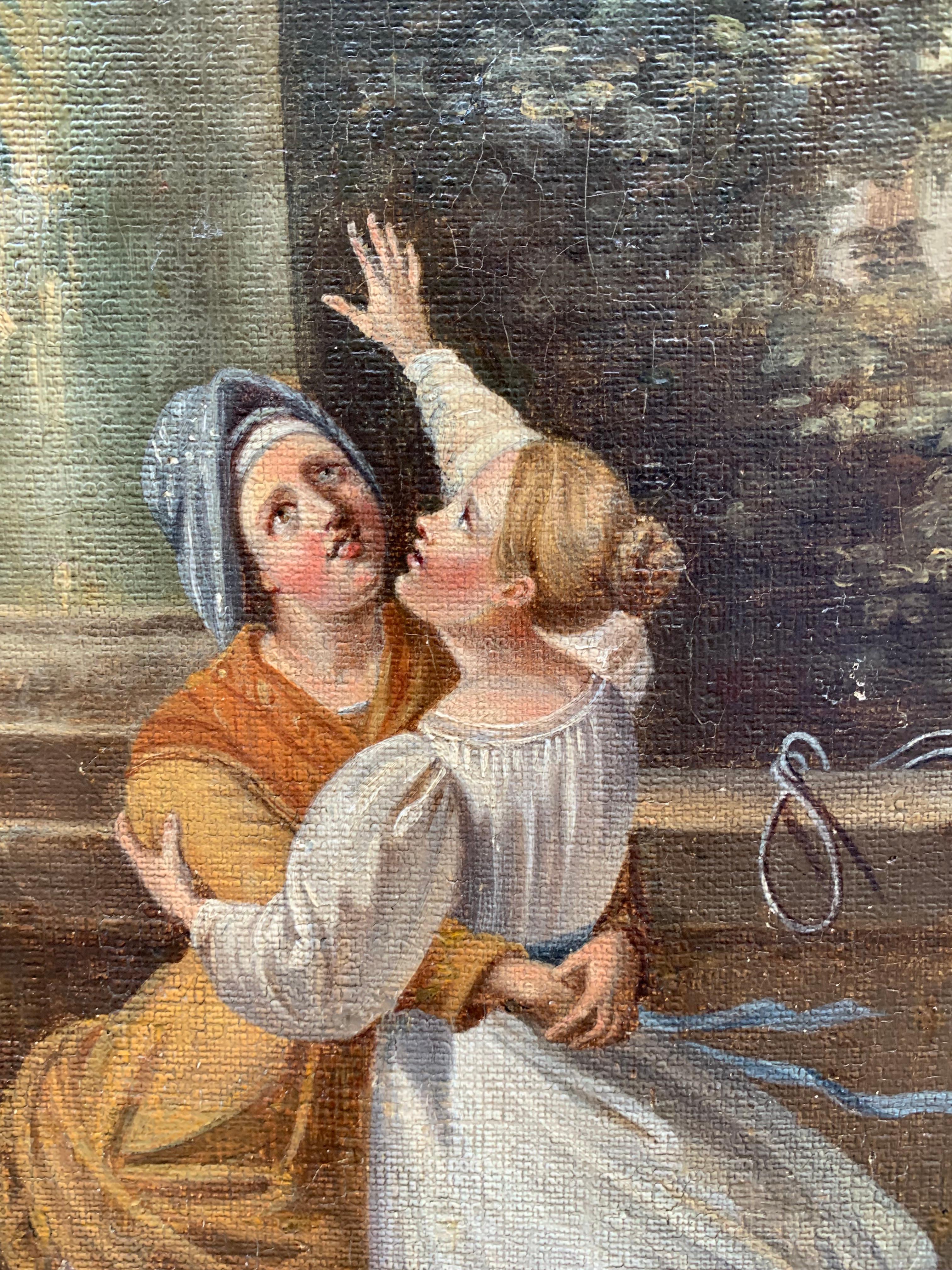  

Peasant Girl And Little Lady With Toys. Europe, Romantic Era, Mid-19th Century

This mid-19th century painting, done in oil on canvas, belongs to the Romantic era. It portrays a touching scene of two girls playing together. One is dressed in an