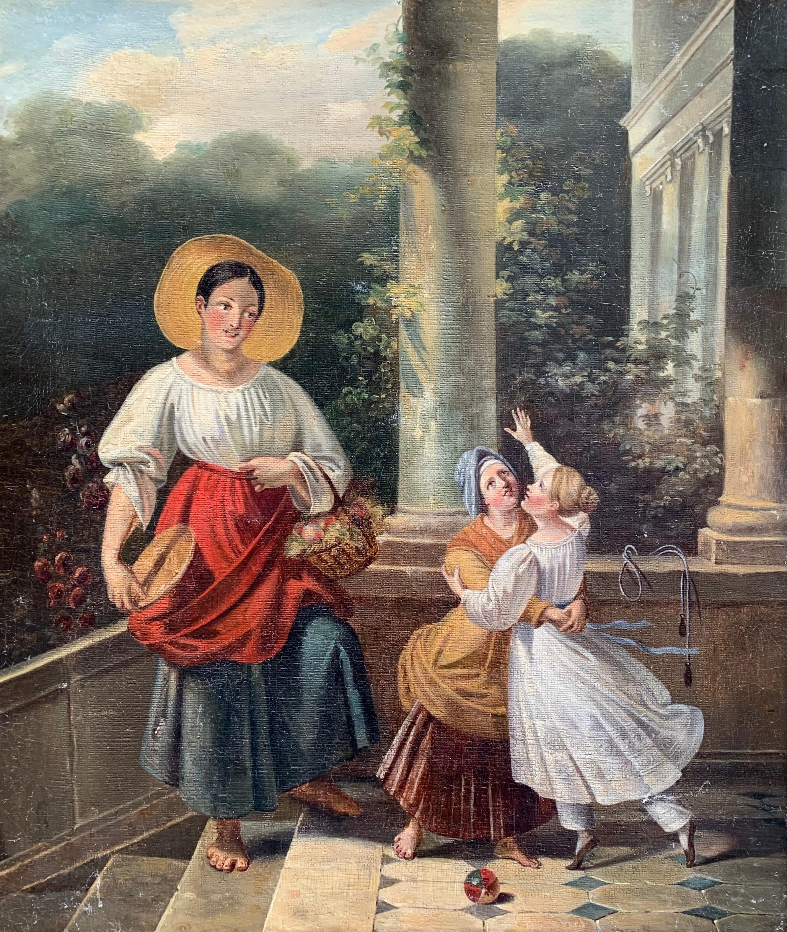 Figurative Painting di Unknown - Peasant Girl And Little Lady With Toys. Europe, Romantic Era, Mid-19th Century