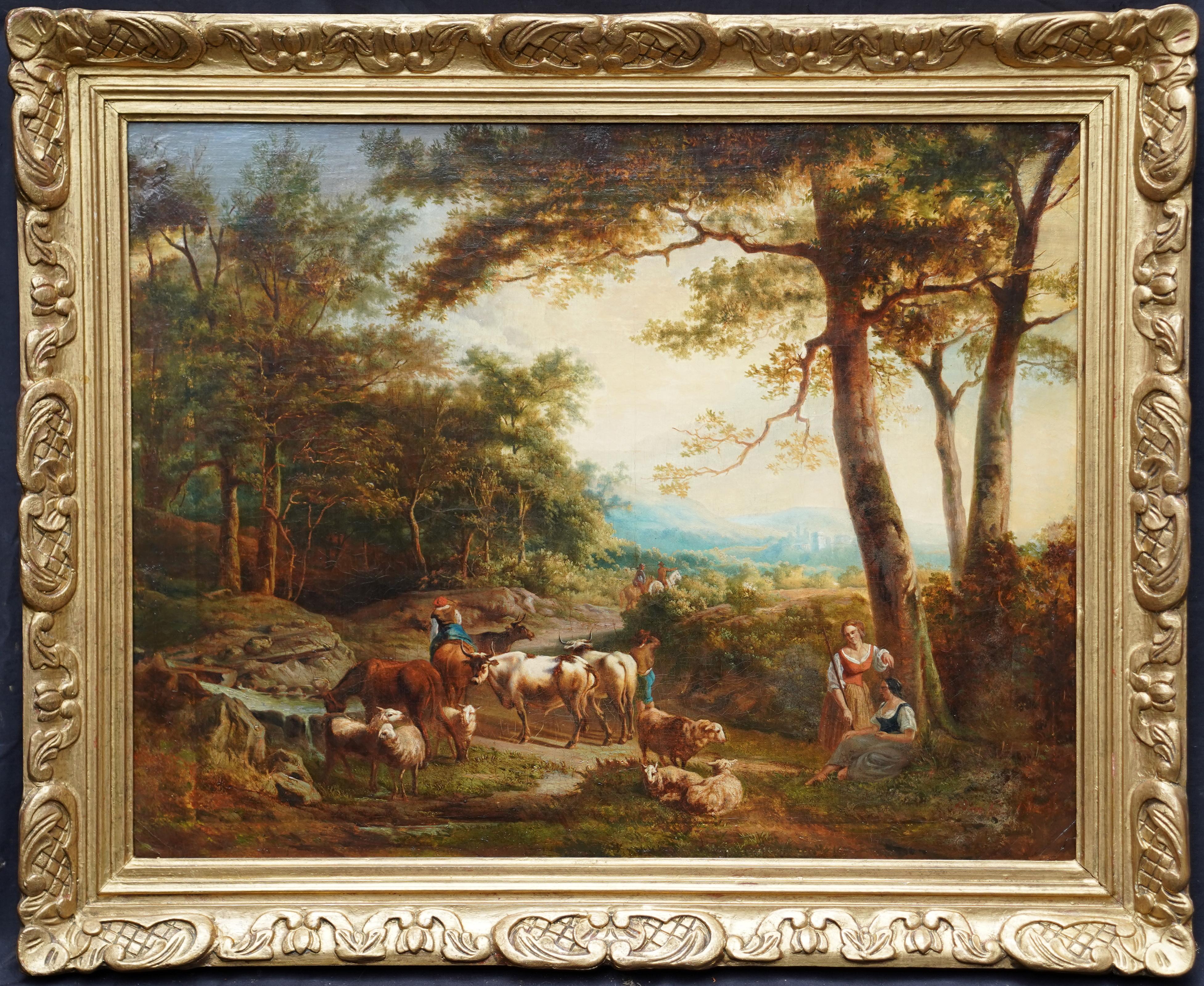 Unknown Animal Painting - Peasant with Cattle in a Landscape - Italian 18th century pastoral oil painting
