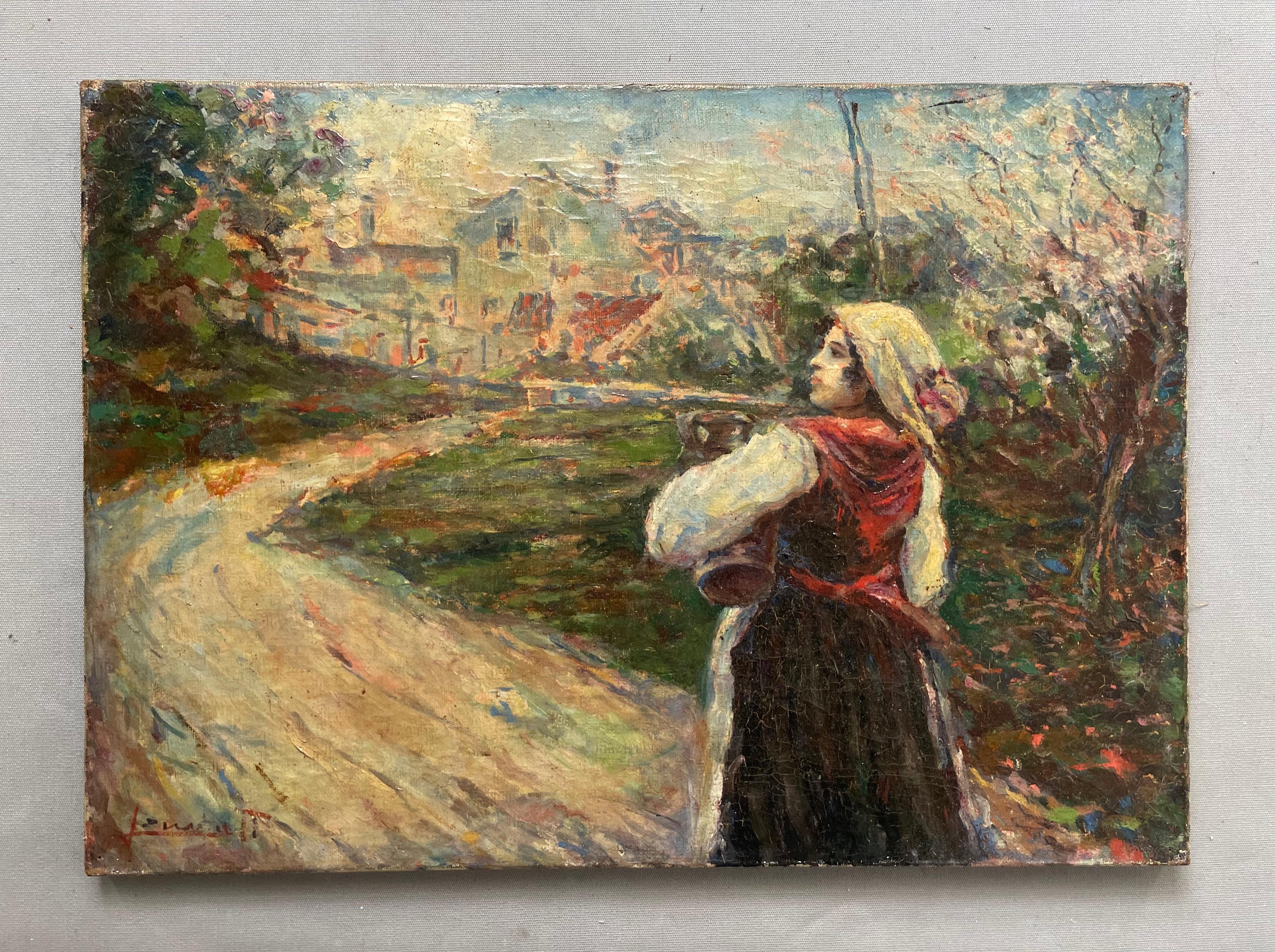 Contadina con brocca, scuola orientale? Firma per l'identificazione - Painting di Unknown