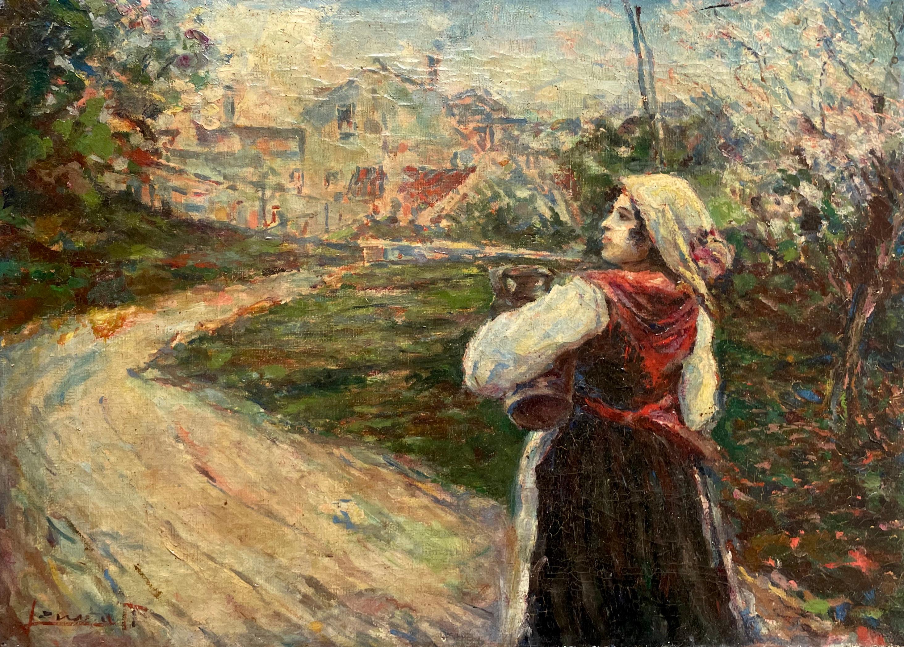 Figurative Painting di Unknown - Contadina con brocca, scuola orientale? Firma per l'identificazione