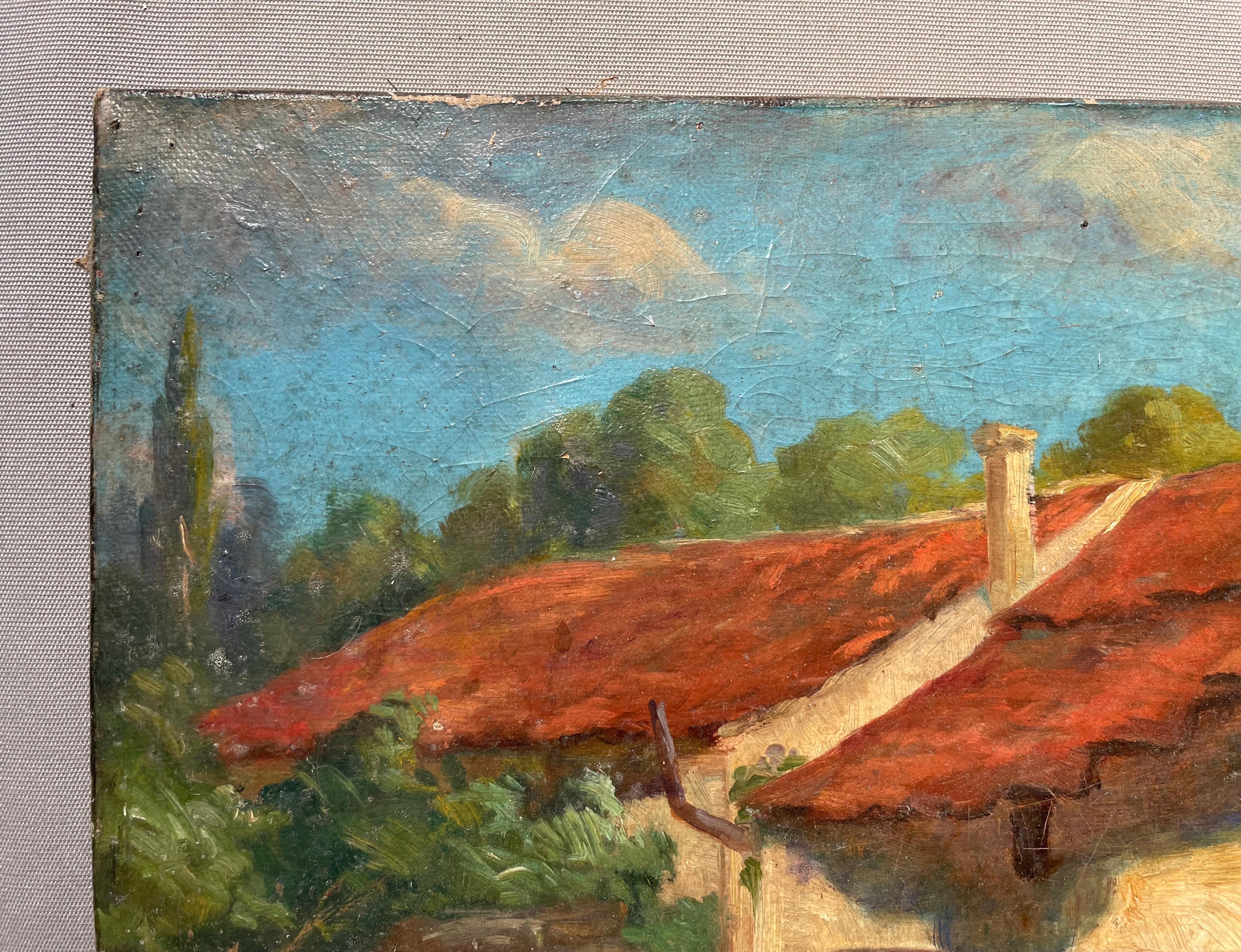 Peasants at work.  
Oil on canvas signed Garnier, signature to be identified.  
Superficial cracks and very small paint losses, good general condition.  
32 x 40 cm.