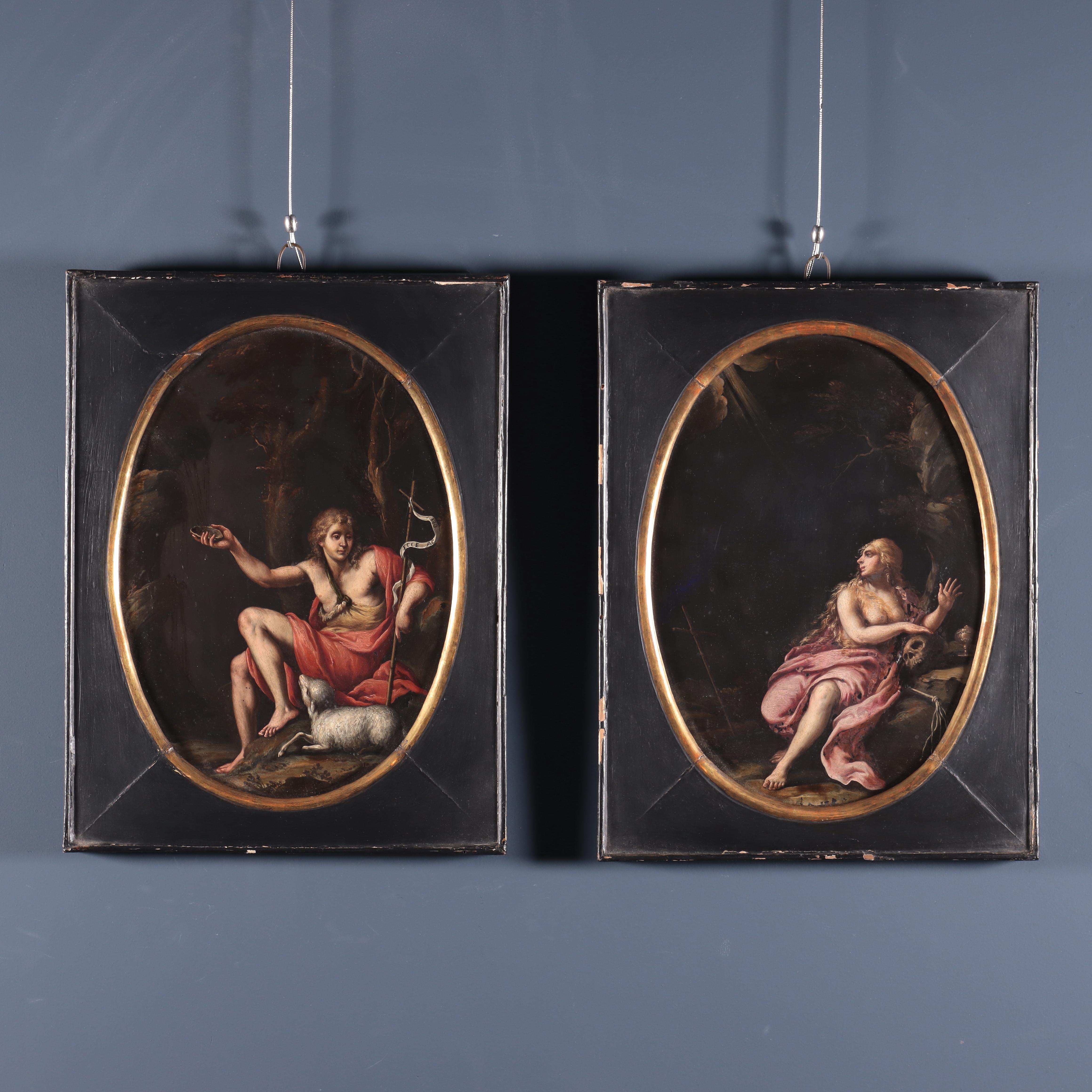 Madeleine pénitente et St. Johns, huile sur ardoise, début du 17e siècle  - Painting de Unknown