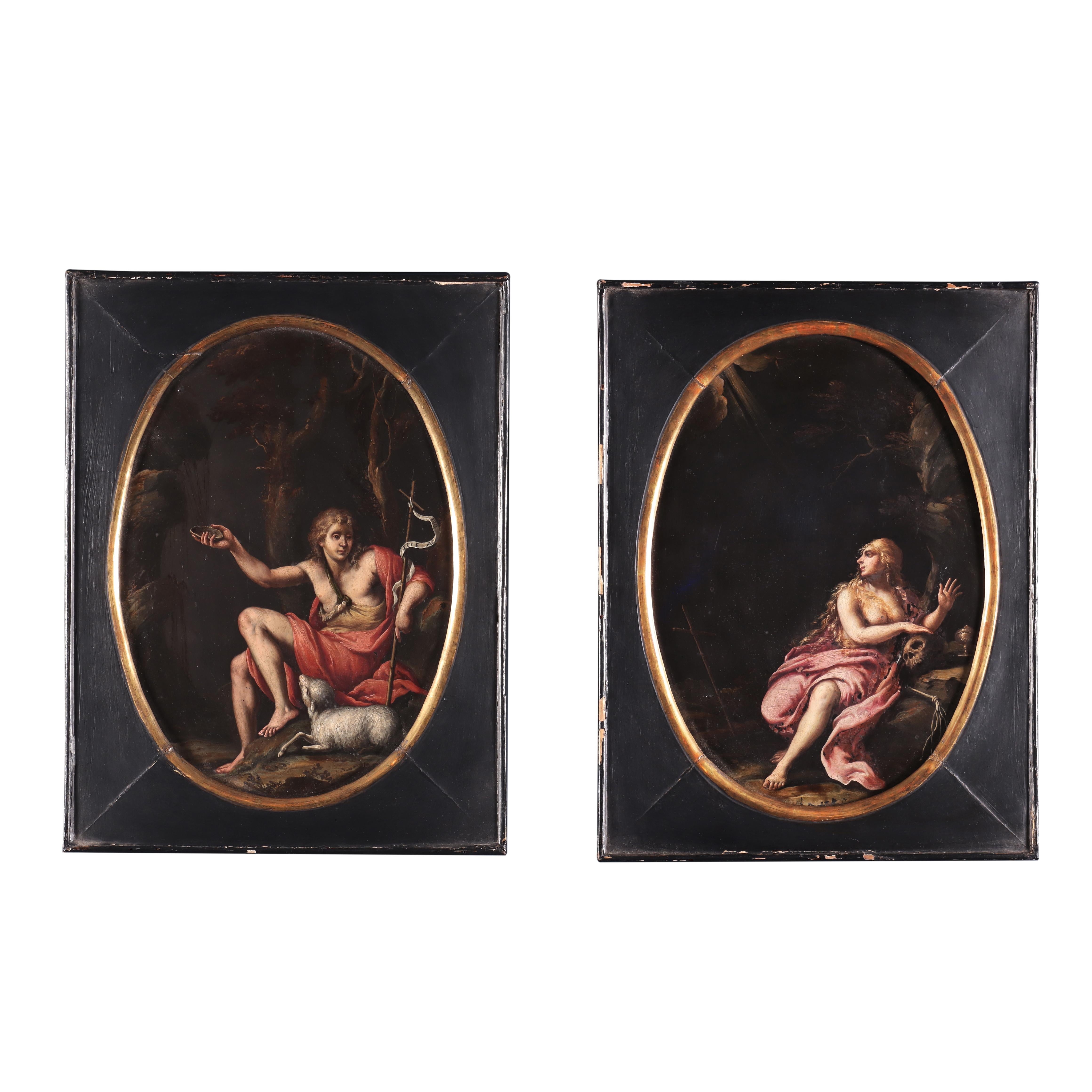 Figurative Painting Unknown - Madeleine pénitente et St. Johns, huile sur ardoise, début du 17e siècle 