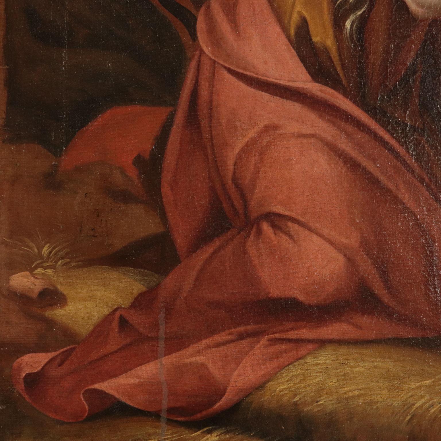 Oil on canvas. Flemish School. Magdalene is represented with her iconographical symbols: in the desert, half-dressed and with her hair down, with the book of Holy Scriptures and in an attitude of ecstasy; next to her there is a skull, symbol of 