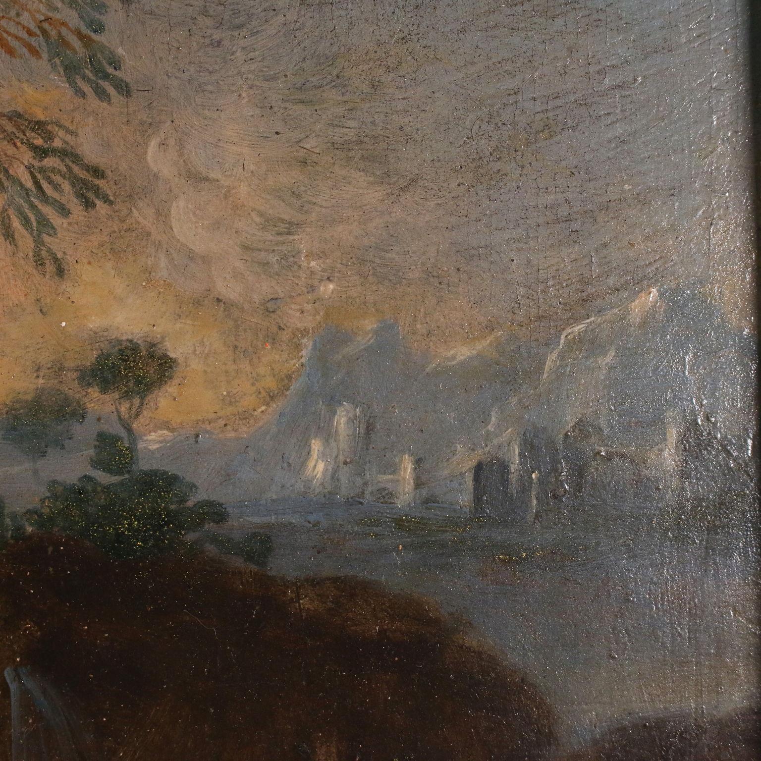Oil on canvas. Venetian School.
The landscape dominates with an high cave if front of which the Saint is sitting on a rock while meditating; on the right there is a small lake and in the background the soft outline of a city.
Restored and displayed
