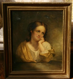 Pensive French Maiden Oil Painting, Late 19th Century, 23x19.5 in